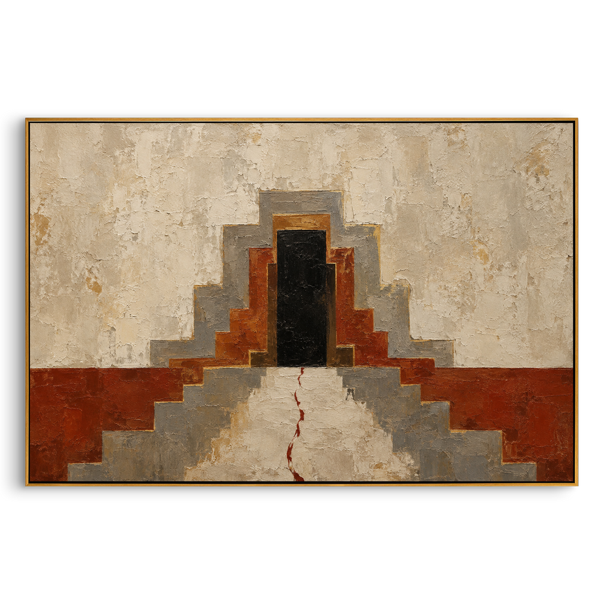 "Odysseus Temple Door" leads the eye up red-brown steps toward a black doorway, with a thin red line crossing the architecture like a clue, wound or path of fate. The scene suggests an ancient sanctuary encountered during the wandering, where every threshold may hold prophecy or danger. Beige plaster walls and geometric structure give the work ceremonial weight. This horizontal canvas suits entryways, studies and dining rooms, bringing Mediterranean myth architecture into a modern heavy impasto