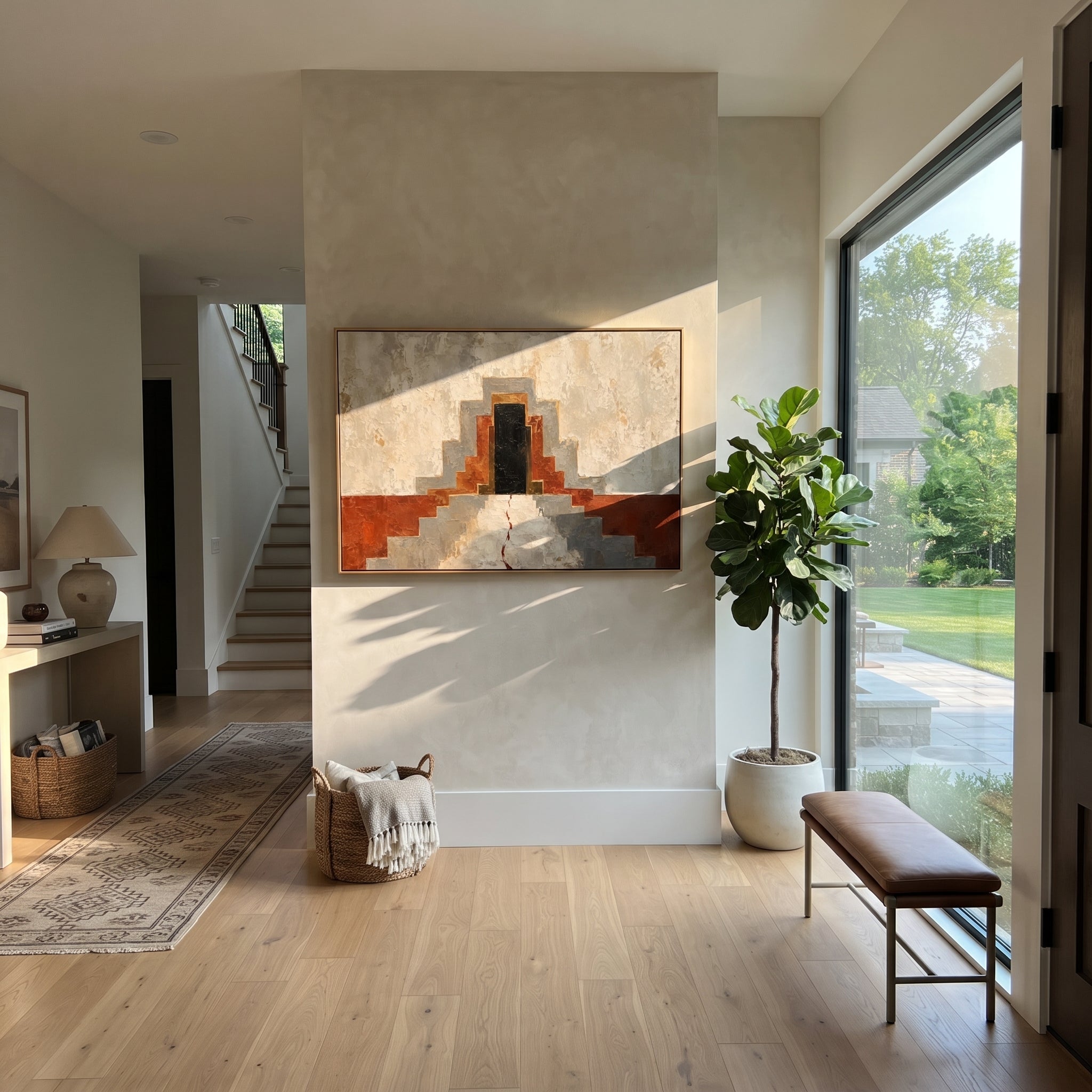 "Odysseus Temple Door" leads the eye up red-brown steps toward a black doorway, with a thin red line crossing the architecture like a clue, wound or path of fate. The scene suggests an ancient sanctuary encountered during the wandering, where every threshold may hold prophecy or danger. Beige plaster walls and geometric structure give the work ceremonial weight. This horizontal canvas suits entryways, studies and dining rooms, bringing Mediterranean myth architecture into a modern heavy impasto