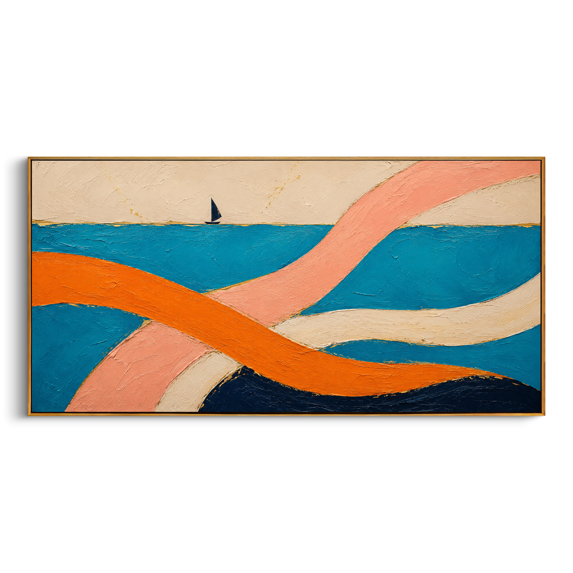 "Nausicaa Ribbons By The Sea" turns the shore of Scheria into flowing color, where orange and blush ribbons sweep across turquoise water and a tiny distant sail keeps the voyage in sight. The bright bands feel like garments, wind and welcome, recalling the gentle episode where Nausicaa helps the shipwrecked Odysseus return toward civilization. Smooth dimensional paint brings fresh coastal energy to bohemian, modern farmhouse and vacation-home interiors. Its panoramic layout adds lively movement