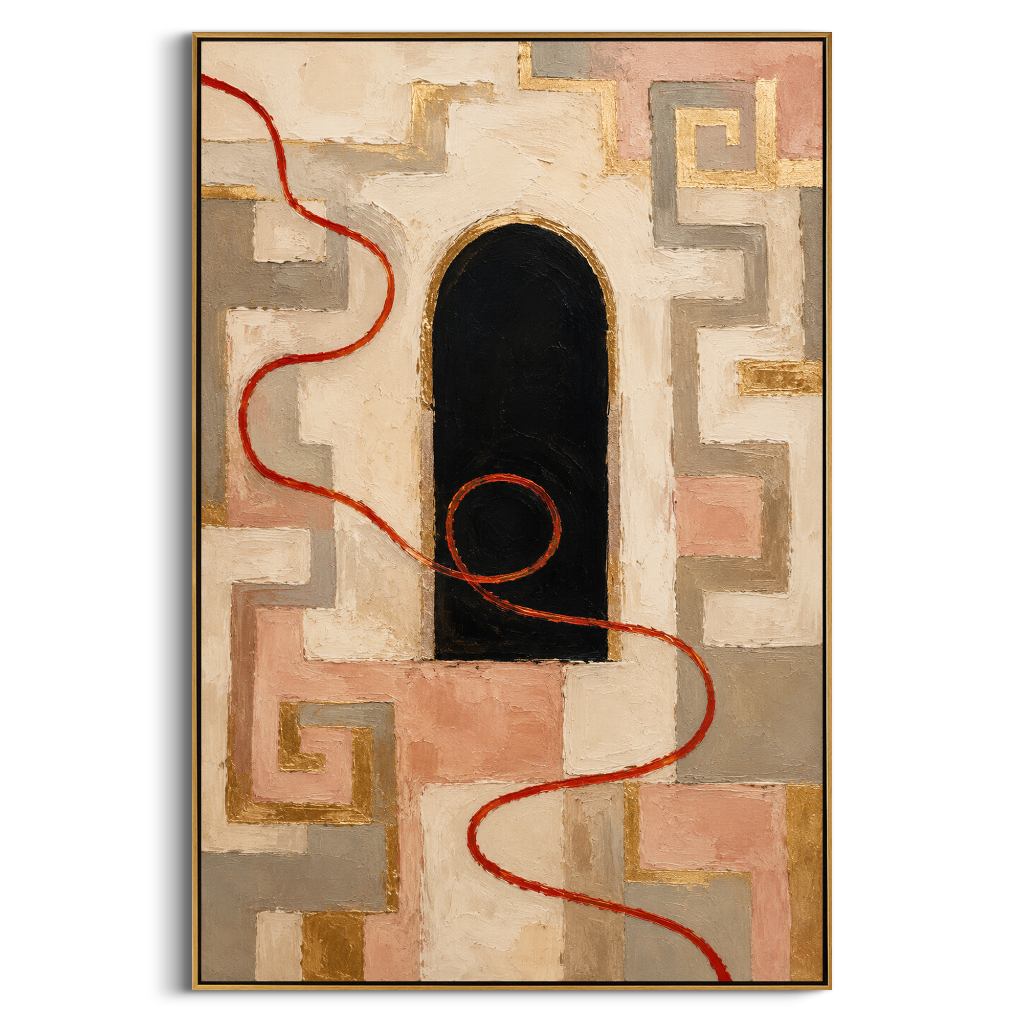 "Labyrinth Thread Door" maps a red thread through pale maze-like walls toward a black arched doorway, turning Greek mythic navigation into a story of choice, memory and return. Though the labyrinth belongs to another myth, its thread echoes Odysseus need to find a path through deception and danger. Pink, red and golden tones soften the architecture while raised plaster gives it ancient surface depth. This vertical canvas suits hallways, stair landings and bedrooms, offering symbolic warmth and