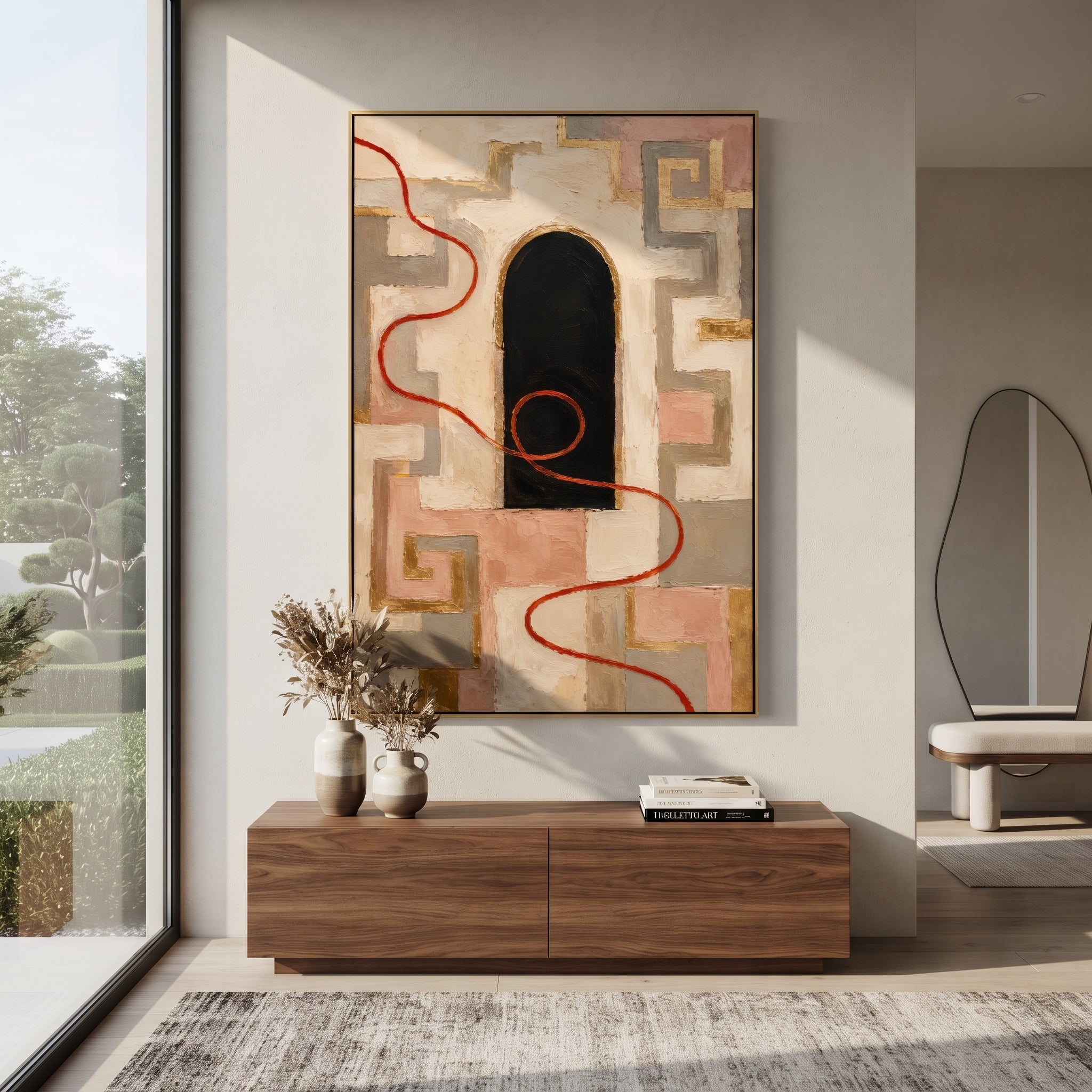 "Labyrinth Thread Door" maps a red thread through pale maze-like walls toward a black arched doorway, turning Greek mythic navigation into a story of choice, memory and return. Though the labyrinth belongs to another myth, its thread echoes Odysseus need to find a path through deception and danger. Pink, red and golden tones soften the architecture while raised plaster gives it ancient surface depth. This vertical canvas suits hallways, stair landings and bedrooms, offering symbolic warmth and
