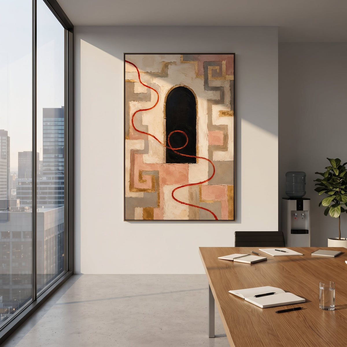 "Labyrinth Thread Door" maps a red thread through pale maze-like walls toward a black arched doorway, turning Greek mythic navigation into a story of choice, memory and return. Though the labyrinth belongs to another myth, its thread echoes Odysseus need to find a path through deception and danger. Pink, red and golden tones soften the architecture while raised plaster gives it ancient surface depth. This vertical canvas suits hallways, stair landings and bedrooms, offering symbolic warmth and
