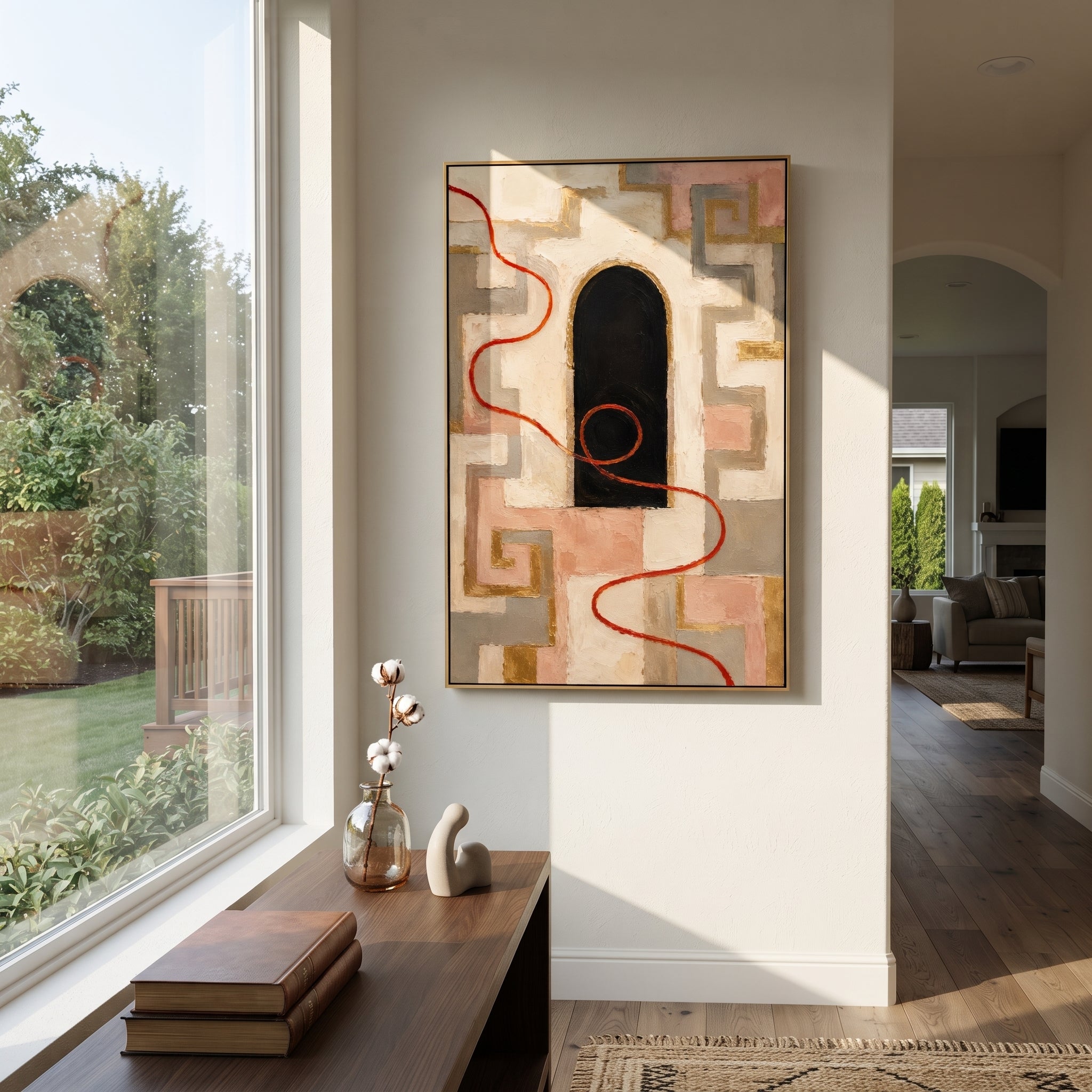 "Labyrinth Thread Door" maps a red thread through pale maze-like walls toward a black arched doorway, turning Greek mythic navigation into a story of choice, memory and return. Though the labyrinth belongs to another myth, its thread echoes Odysseus need to find a path through deception and danger. Pink, red and golden tones soften the architecture while raised plaster gives it ancient surface depth. This vertical canvas suits hallways, stair landings and bedrooms, offering symbolic warmth and