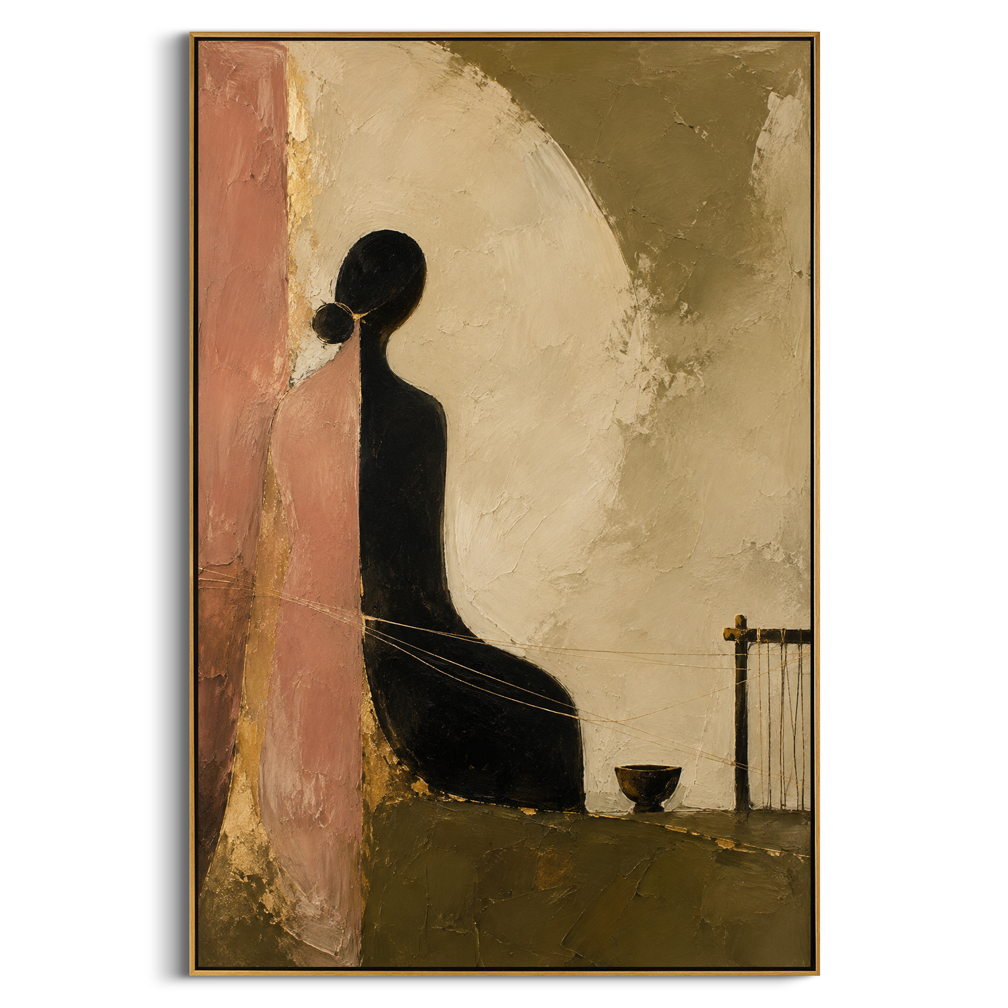 "Odysseus Bard In The Hall" shows a dark seated figure beside a small instrument and architectural fragments, recalling the songs heard in Odysseus house before the final recognition. The figure seems to listen before singing, holding the voyage as memory rather than action. Green, pink and black impasto creates intimate theatrical contrast, as if the hall itself has absorbed years of absence. This vertical work suits music rooms, studies and boutique interiors, blending bardic storytelling with