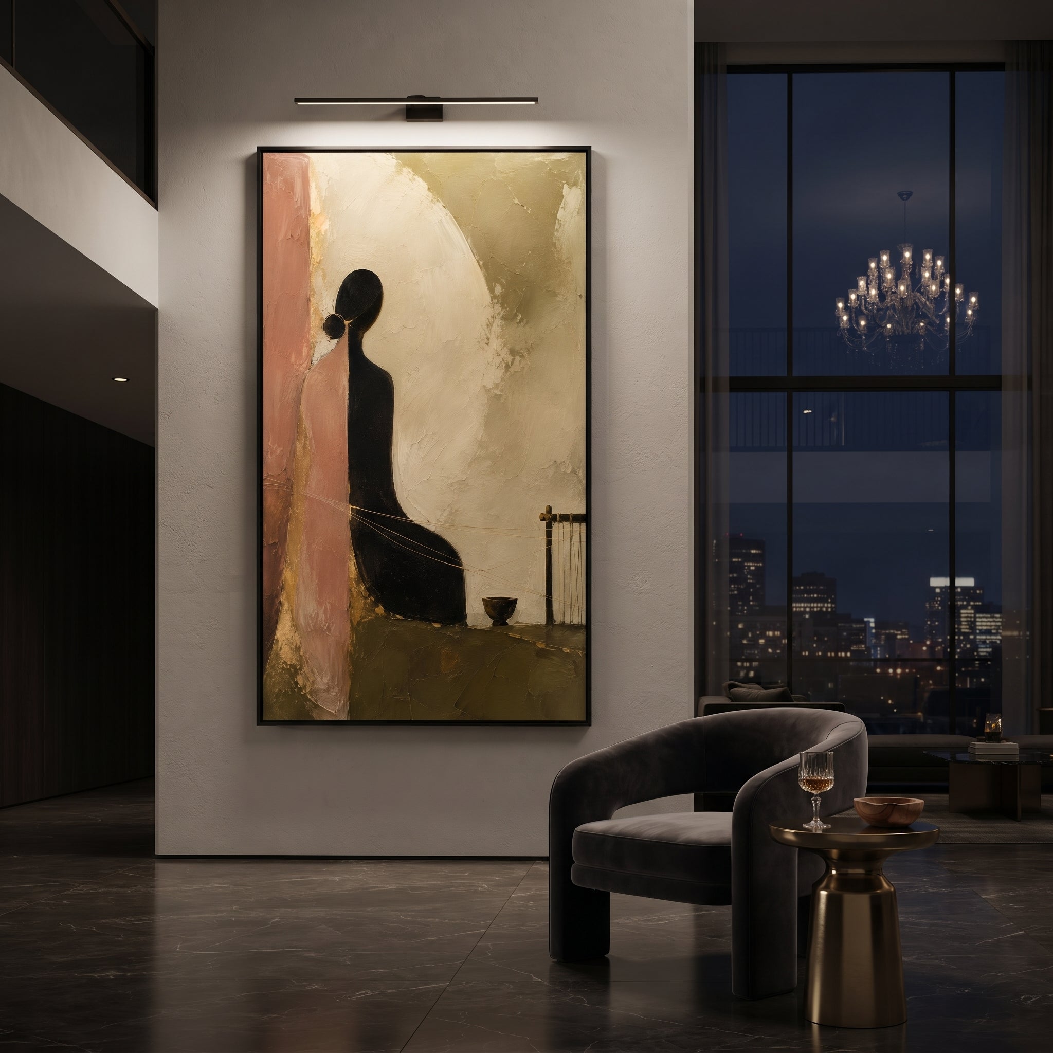 "Odysseus Bard In The Hall" shows a dark seated figure beside a small instrument and architectural fragments, recalling the songs heard in Odysseus house before the final recognition. The figure seems to listen before singing, holding the voyage as memory rather than action. Green, pink and black impasto creates intimate theatrical contrast, as if the hall itself has absorbed years of absence. This vertical work suits music rooms, studies and boutique interiors, blending bardic storytelling with