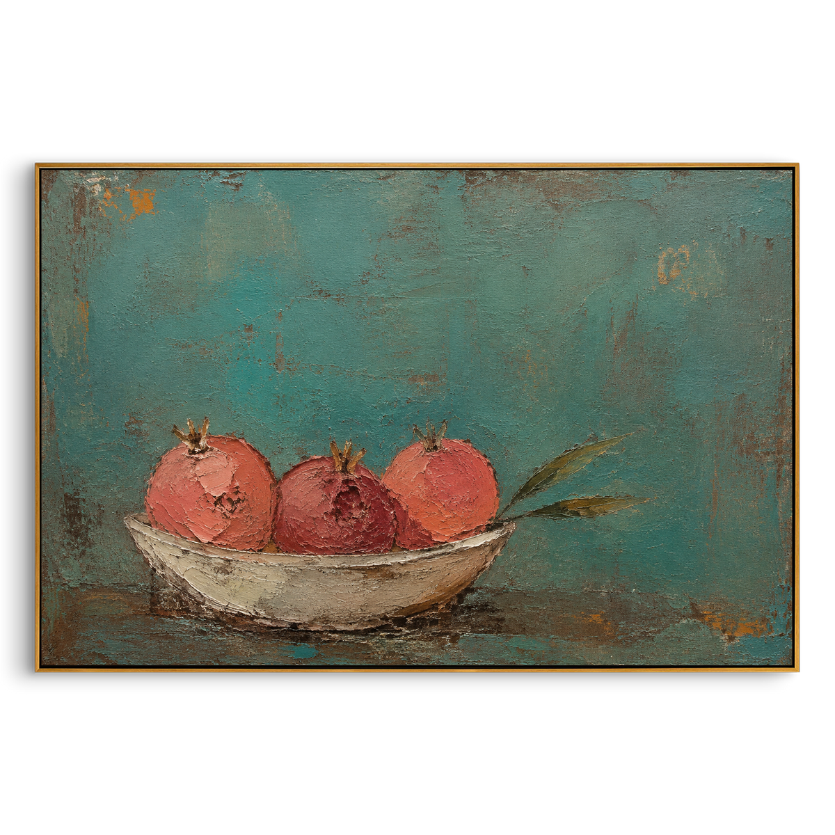 "Persephone Pomegranate Bowl" gathers red fruit in a shallow bowl against turquoise-green texture, linking the Odyssey underworld mood to the wider Greek symbol of Persephone and return from darkness. The pomegranates feel abundant but charged, like offerings on a Mediterranean table after a difficult passage. Thick pink, red and green paint gives the fruit glow and sculptural weight. This horizontal still life brings mythic fertility, homecoming and warm color to kitchens, dining rooms and