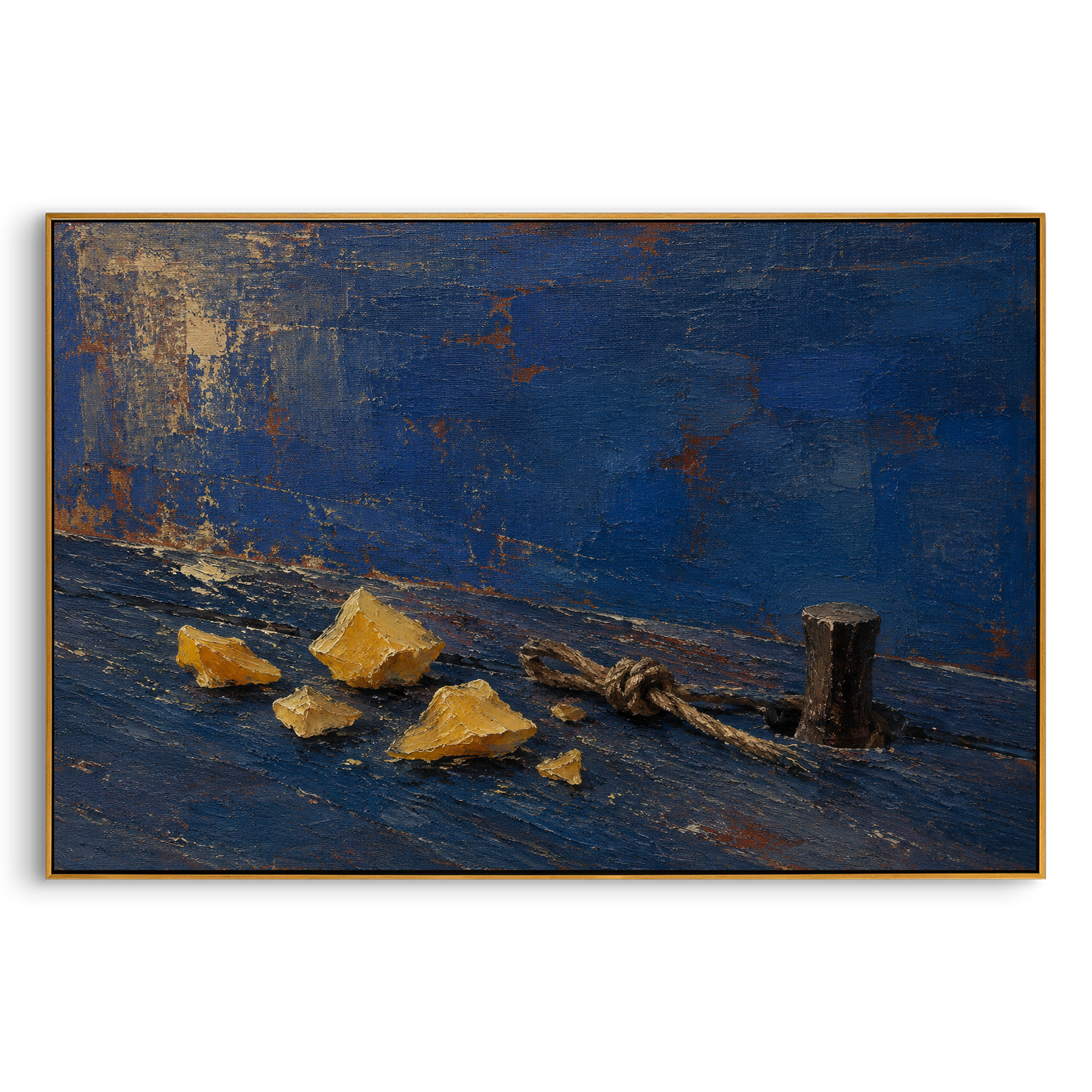 "Poseidon Harbor Relics" places rope, golden fragments and a dark post on a deep blue dock-like ground, suggesting the aftermath of a sea trial when only traces remain on shore. The blue field feels ruled by Poseidon, while the scattered objects mark survival, wreckage and offering. Heavy blue, gold and brown impasto creates a rich nautical surface full of salt and shadow. This horizontal canvas suits lounges, offices and coastal interiors, blending Odyssey storm memory with sculptural
