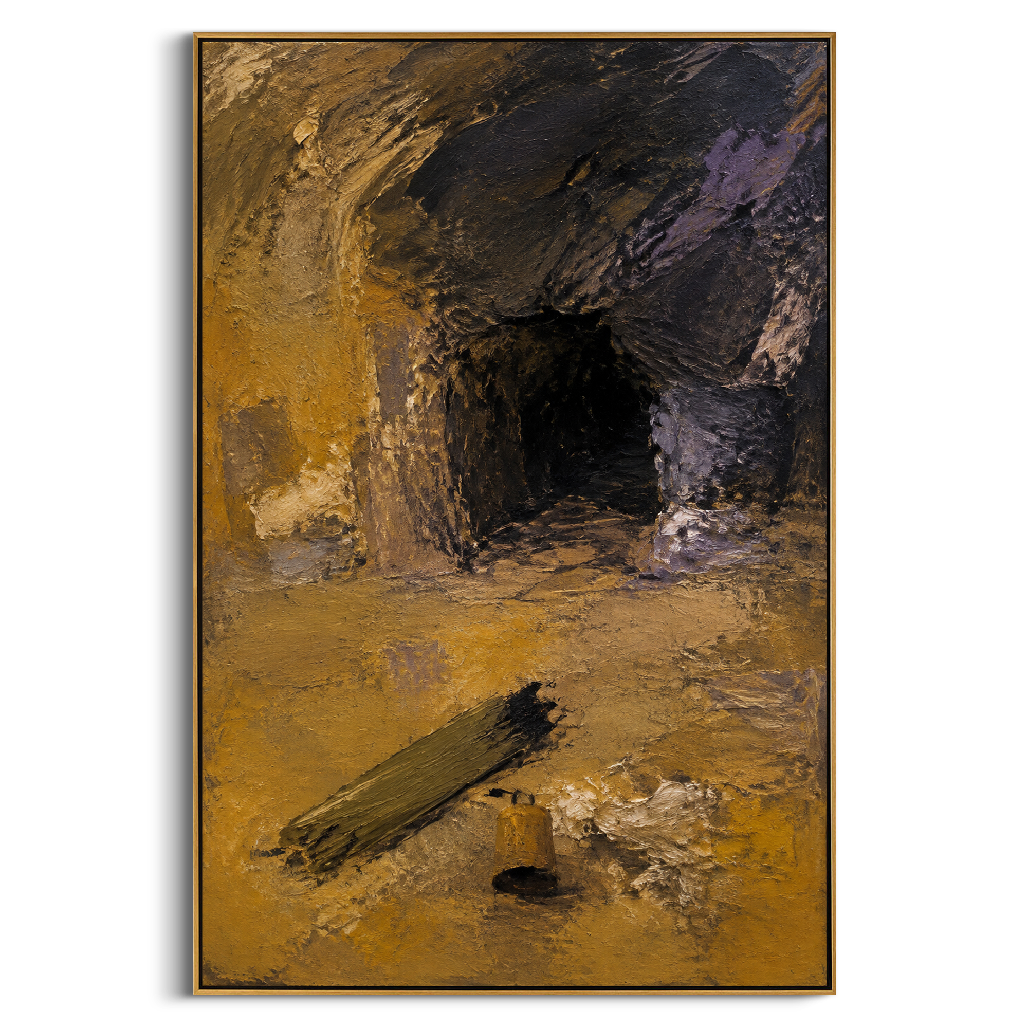 "Calypso Cave Odyssey" opens into a dark cave surrounded by golden earth and purple-black shadow, recalling the island where Odysseus is held between comfort, longing and the command to return home. An oar-like mark leads toward the entrance, keeping the sea present even inside the cave. Thick gold, black and purple paint gives the vertical surface dramatic mythic weight. This canvas brings the tension of shelter and captivity to studies, entryways and moody Mediterranean interiors.