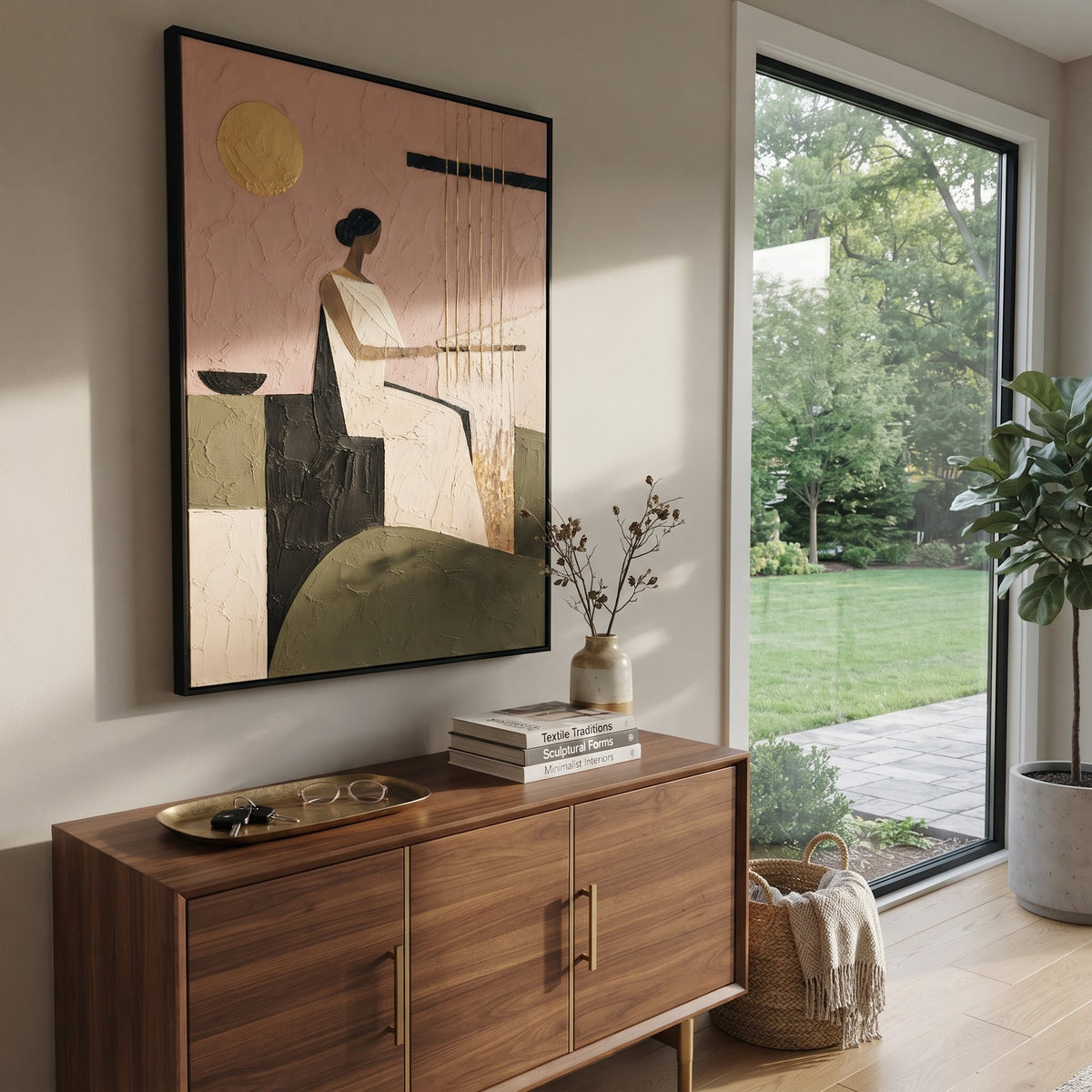 "Penelope At The Loom" turns the famous waiting of Ithaca into a quiet act of resistance. The seated woman faces the vertical threads, suggesting the weaving and unweaving that holds back the suitors while Odysseus is away. The golden disk glows like time passing over the room, and the black horizontal beam gives the soft pink wall a spare, modern tension. Built with tactile impasto and calm geometric balance, this piece brings patience, loyalty, and mythic interior stillness to bedrooms