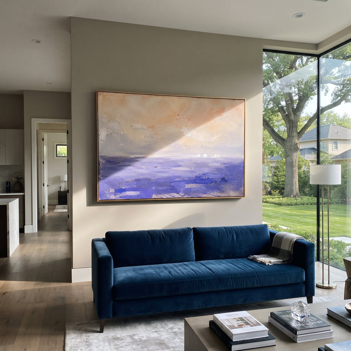 "Lotus Sea Of Forgetting" interprets the Lotus Eaters episode as a nearly empty seascape where stillness becomes temptation. The small boat is almost swallowed by blue water and soft pink light, as if the crew could forget the urgency of home in the beauty of the horizon. Instead of showing figures, the painting lets color and distance tell the story of delay, dream, and fragile memory. Its restrained impasto surface and open horizontal format bring a poetic Odyssey calm to bedrooms, living