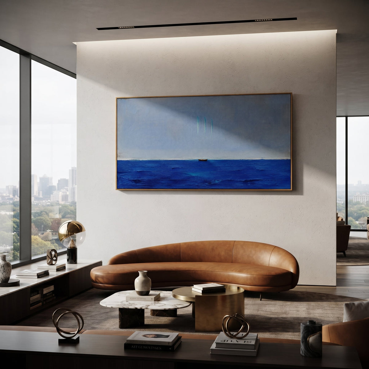 "Sirens Three Voices Above The Sea" interprets the Sirens as marks of sound rather than bodies. The boat sits low and vulnerable in a wide field of blue, while three slim turquoise traces hover overhead like voices that cannot be seen but cannot be ignored. The spare composition gives the episode a modern, almost meditative danger: beauty appears as distance, silence, and restraint. Built with thick horizontal sea texture and a calm sky, this panoramic artwork fits above sofas, beds, consoles