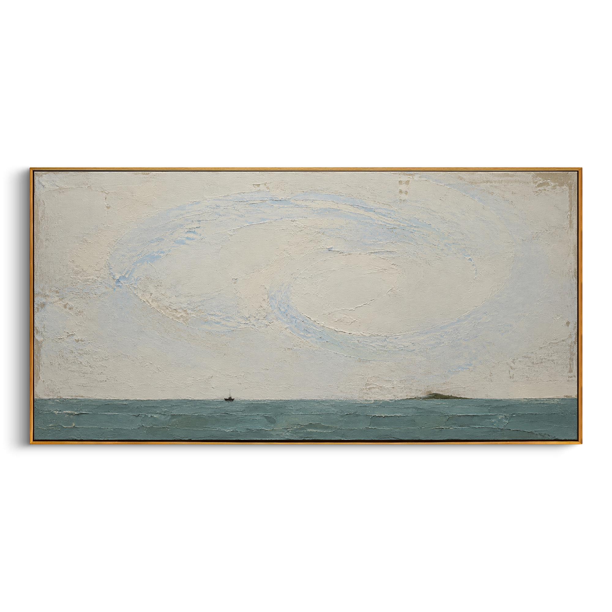 "Aeolus Wind Over The Small Boat" visualizes the gift of the winds as a fragile promise hanging over the voyage. The tiny vessel is nearly lost on the horizon, while the broad spiral above it suggests invisible power gathered, sealed, and waiting to change the course home. Soft grey plaster, muted blue water, and the circular sky movement make the scene feel ancient and modern at once. The wide format brings a calm but story-rich Odyssey atmosphere to living rooms, bedrooms, offices, spa