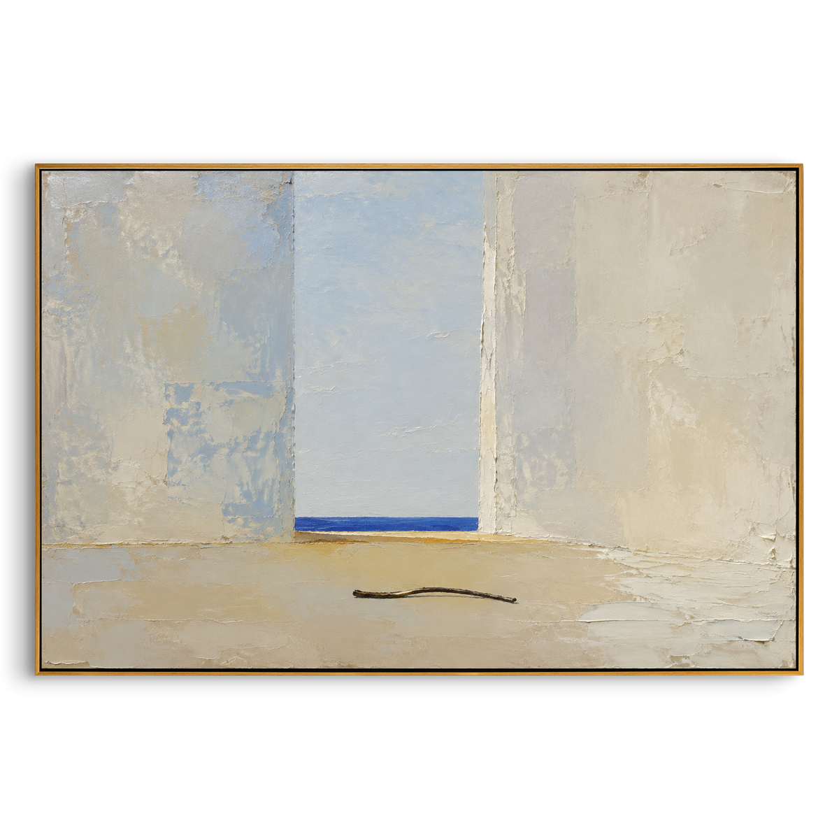 "Odysseus Bow In The Empty Hall" places the climax of the homecoming in silence. The room is stripped down to walls, sea light, and the dark curve of the bow, suggesting the moment before recognition and judgment in Ithaca. Nothing dramatic is shown, yet the object on the floor carries the whole trial: only the true king can string it. The quiet architecture, distant blue horizon, and tactile plaster surface make this horizontal work a restrained, story-rich statement for living rooms