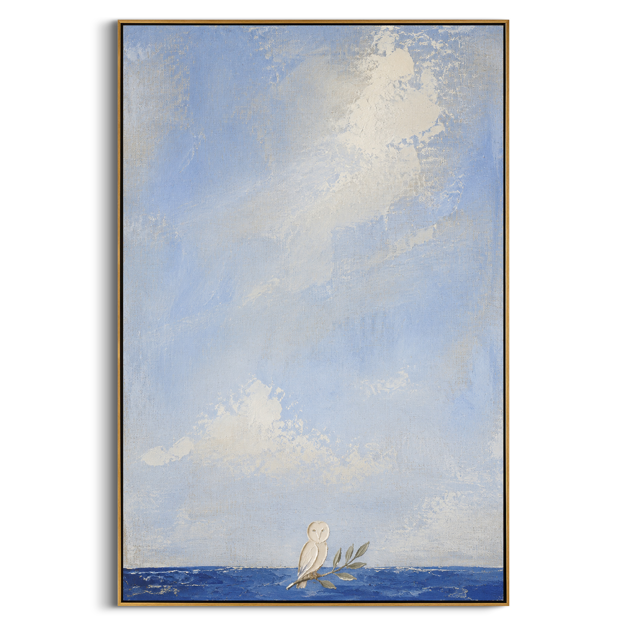"Athena Owl At The Blue Shore" makes Athena presence gentle and unmistakable. The white owl sits at the edge of the water with an olive branch, a sign of wisdom, protection, and the guidance that keeps Odysseus moving toward home. Most of the canvas is quiet sky, allowing the small sacred emblem to feel deliberate and calm. Layered blue, white, and grey impasto gives this vertical work a serene mythic mood for bedrooms, reading rooms, offices, coastal homes, and minimalist Mediterranean