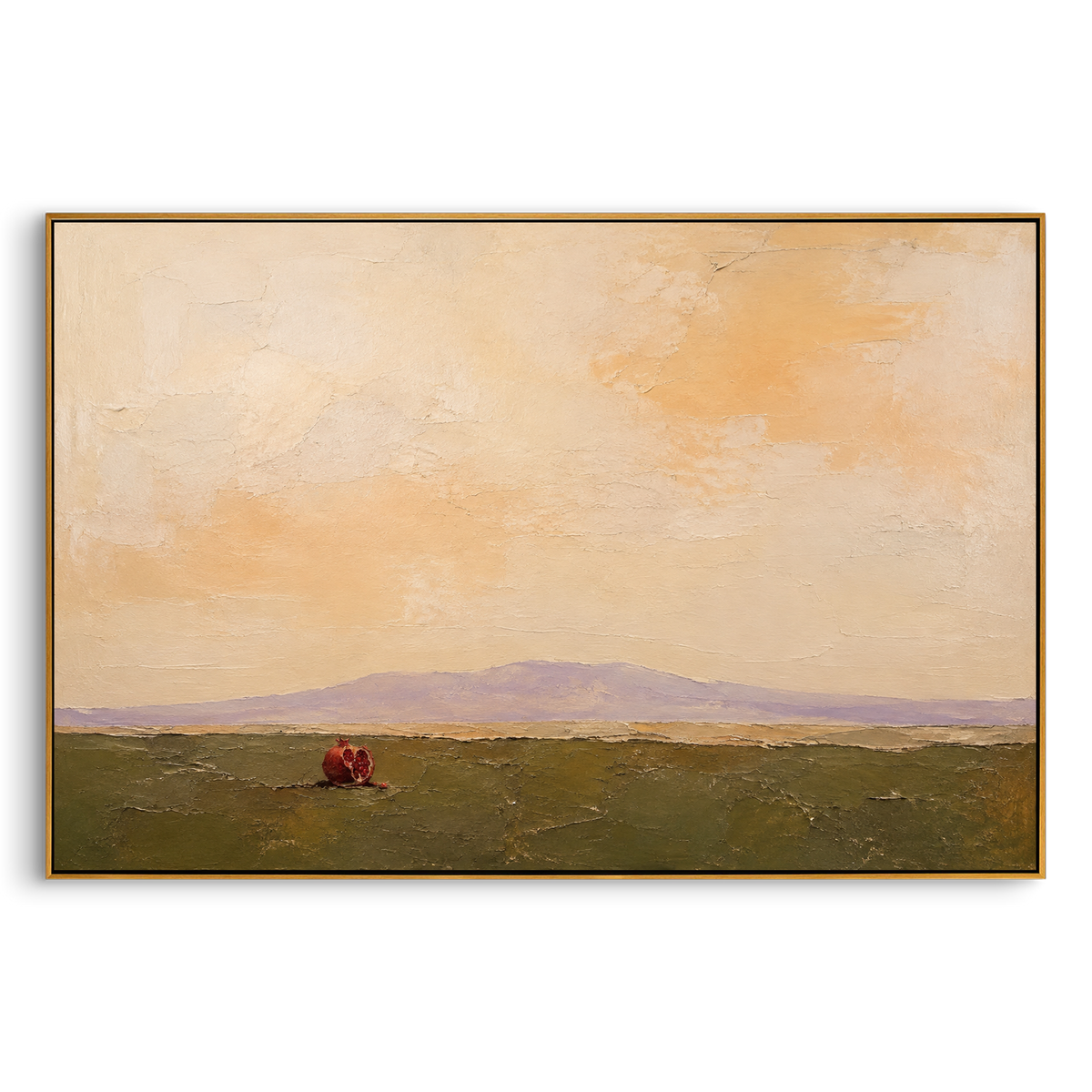 "Persephone Pomegranate At Distant Shore" brings an underworld symbol into the wider Greek mythic atmosphere surrounding the Odyssey. The opened fruit sits alone in the foreground like a choice already made, while the far mountain and warm sky hold the stillness of a threshold. Its red seeds suggest memory, debt, and the invisible bargains that follow travelers across land and sea. Thick plaster texture and muted earth color make this horizontal work suited to dining rooms, entries, living