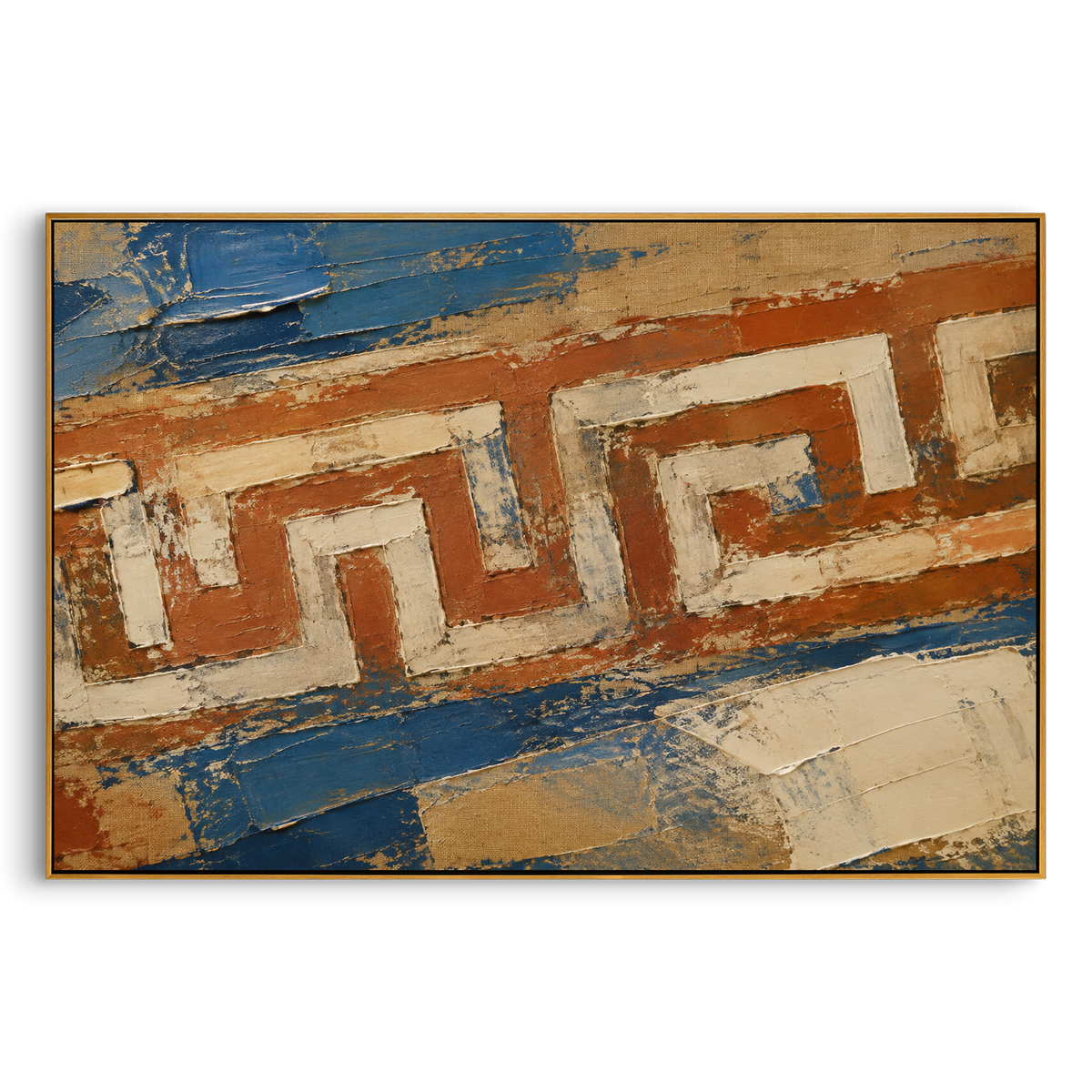 "Cretan Labyrinth Map In Red And Blue" connects the Odyssey with the wider Greek world of maze, trial, and return. The repeated angular path feels like a map no traveler can read at once, while scraped red earth, cream plaster, and blue bands give the surface the look of an ancient wall fragment.