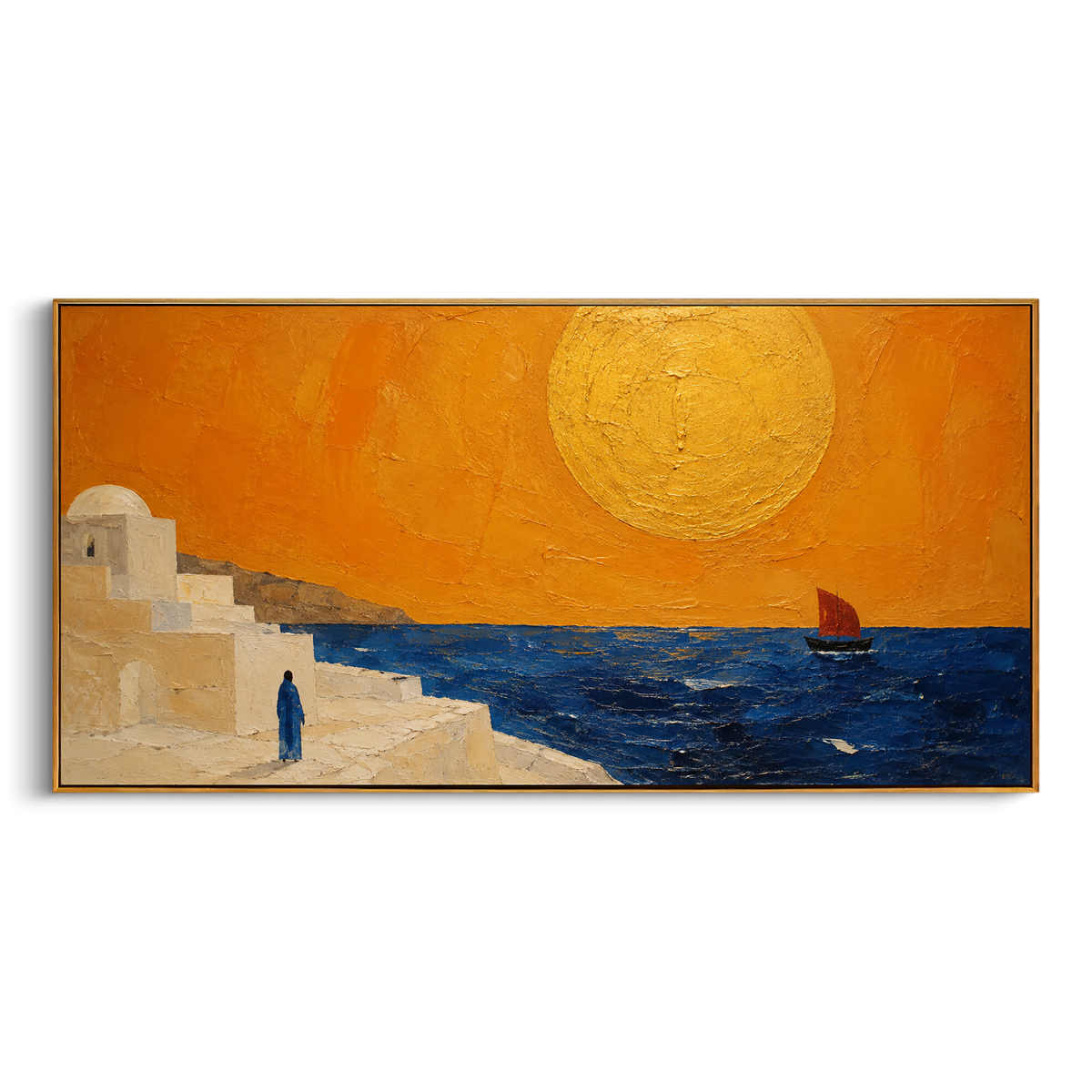 "Watcher On The Ithaca Steps" places the emotion of return on the shore rather than the boat. The figure waits beside white architecture as the red sail approaches, turning the sunset into a moment of recognition, hope, and uncertainty after years of absence.
