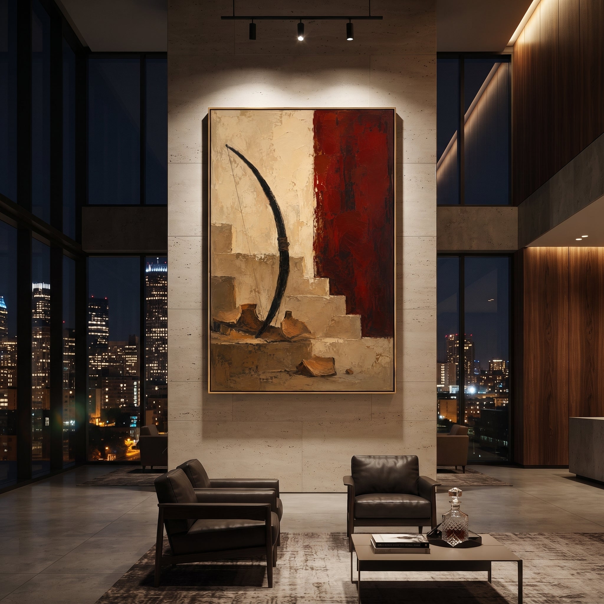 "Bow Of Odysseus Beside The Red Wall" shows the weapon of recognition as a sacred object in an empty room. The curved bow rises beside shattered clay and red plaster, suggesting the test that separates suitors from the true king and turns a household back into a home.