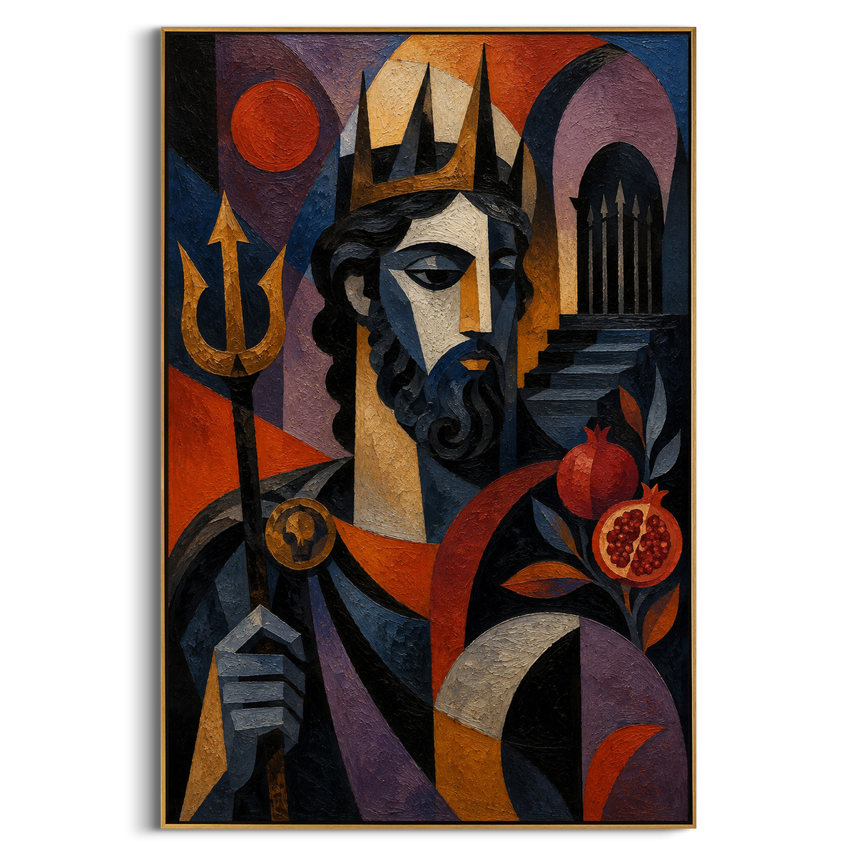"Poseidon With Pomegranate And Trident" presents the sea god as ruler, obstacle, and judge. The trident anchors his power, the pomegranate suggests underworld debt and ancient vows, and the angular face watches the viewer with stern authority. Rich impasto color gives the portrait a monumental Odyssey presence.