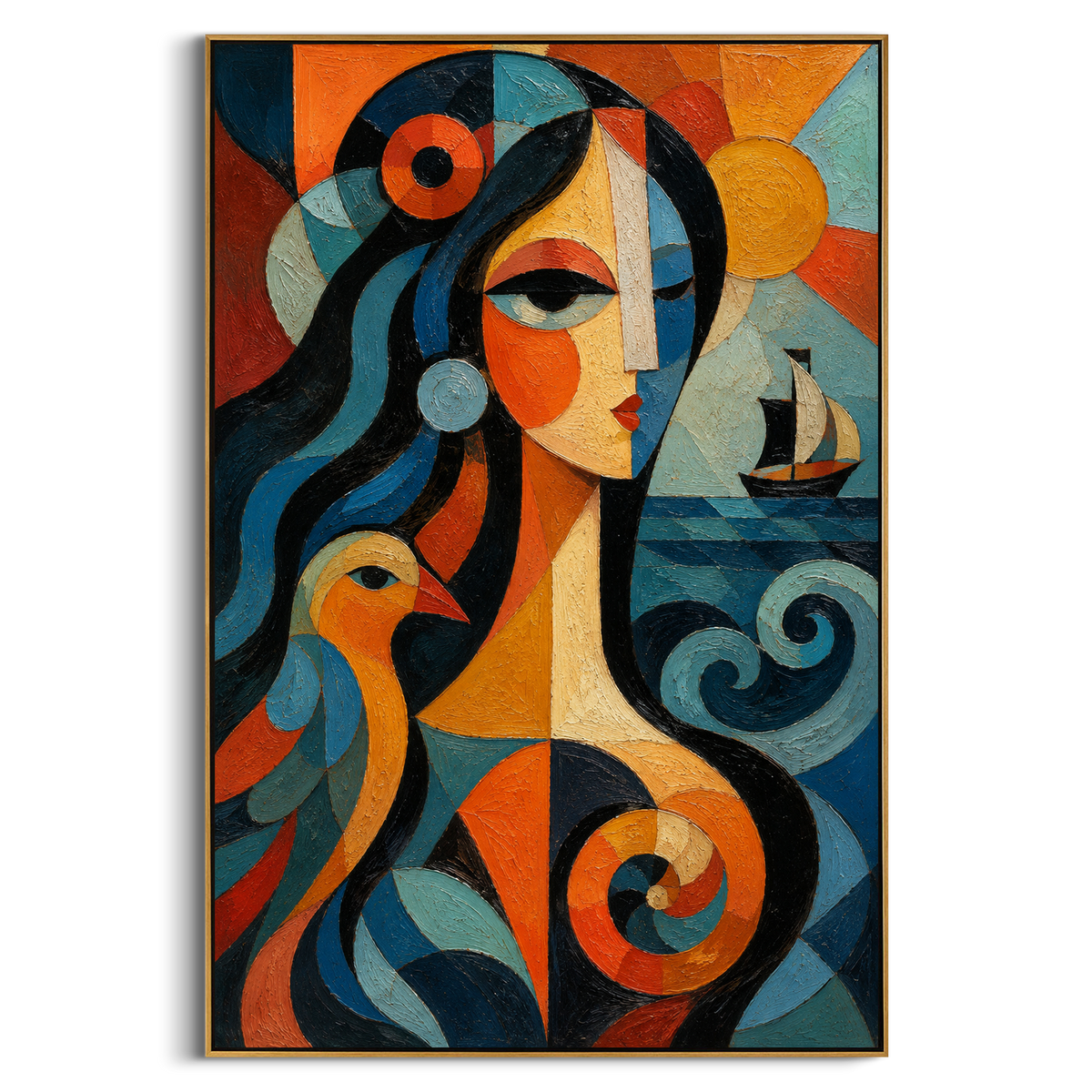 "Athena Watching The Black Sail" presents guidance as a calm face turned toward the voyage. The bird, boat, and spiral waves suggest wisdom watching over the route, while orange and blue geometry gives the goddess a vivid protective force for the homeward journey.