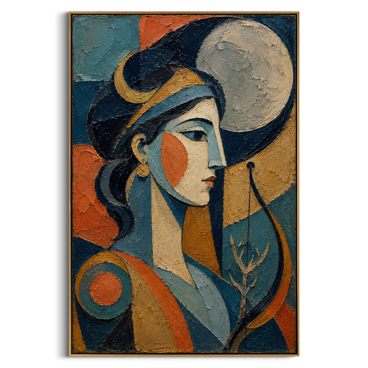 A moonlit huntress turns in profile as if listening to a distant shore. The blue arcs, amber fields, and bare branch turn the scene into a quiet omen from the Odyssey night.