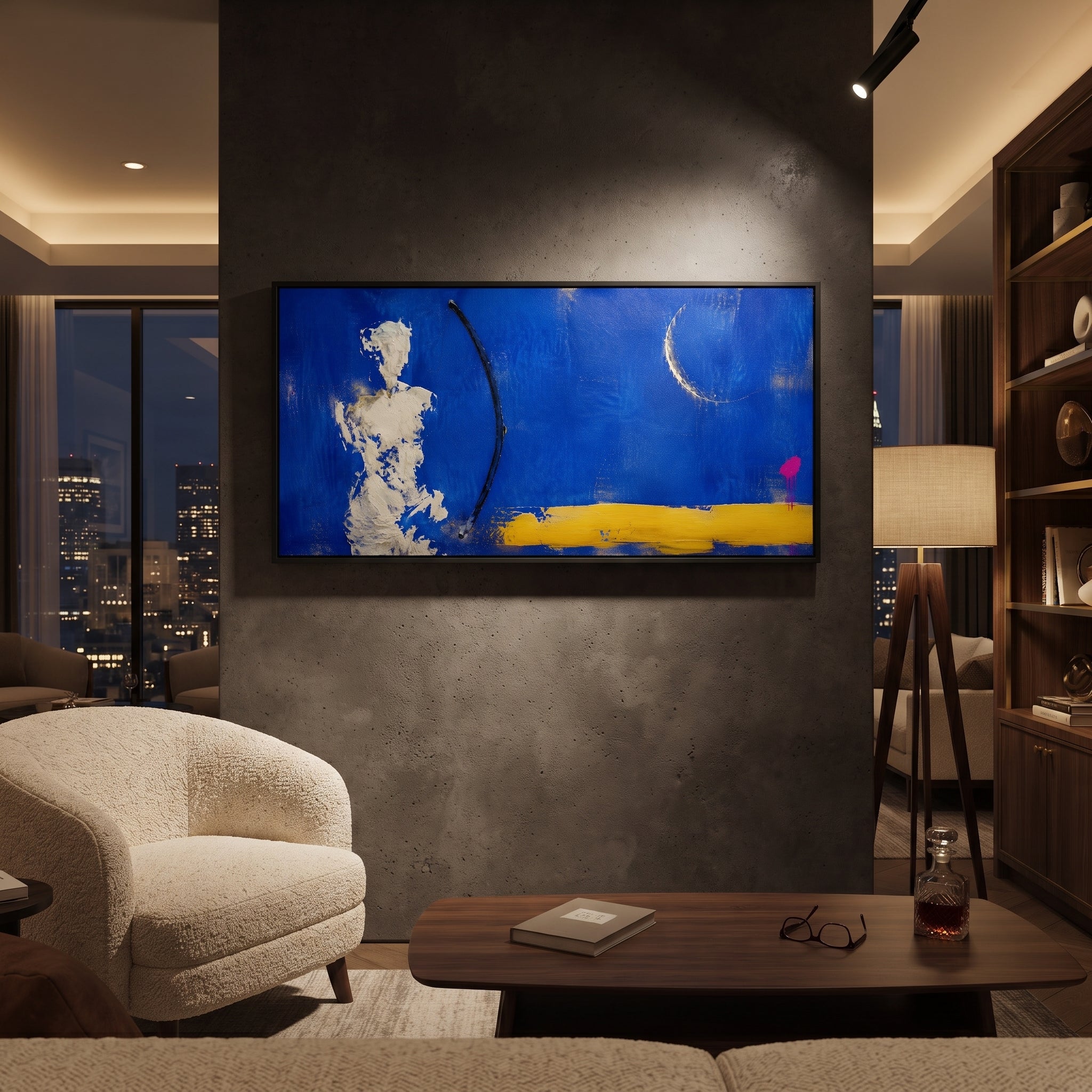 A solitary archer waits beneath a crescent in a field of deep blue. The thin bow and low yellow ground make the scene feel like a vow held through the long night.