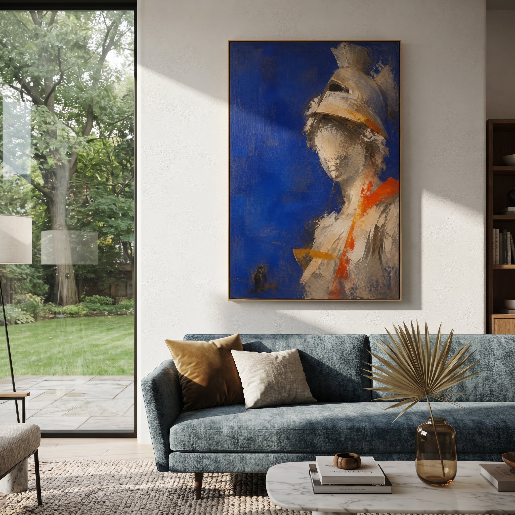 A helmeted figure turns from the blue field while a small owl keeps watch below. The image carries Athena's cool intelligence, half armor and half omen, guarding the path home.