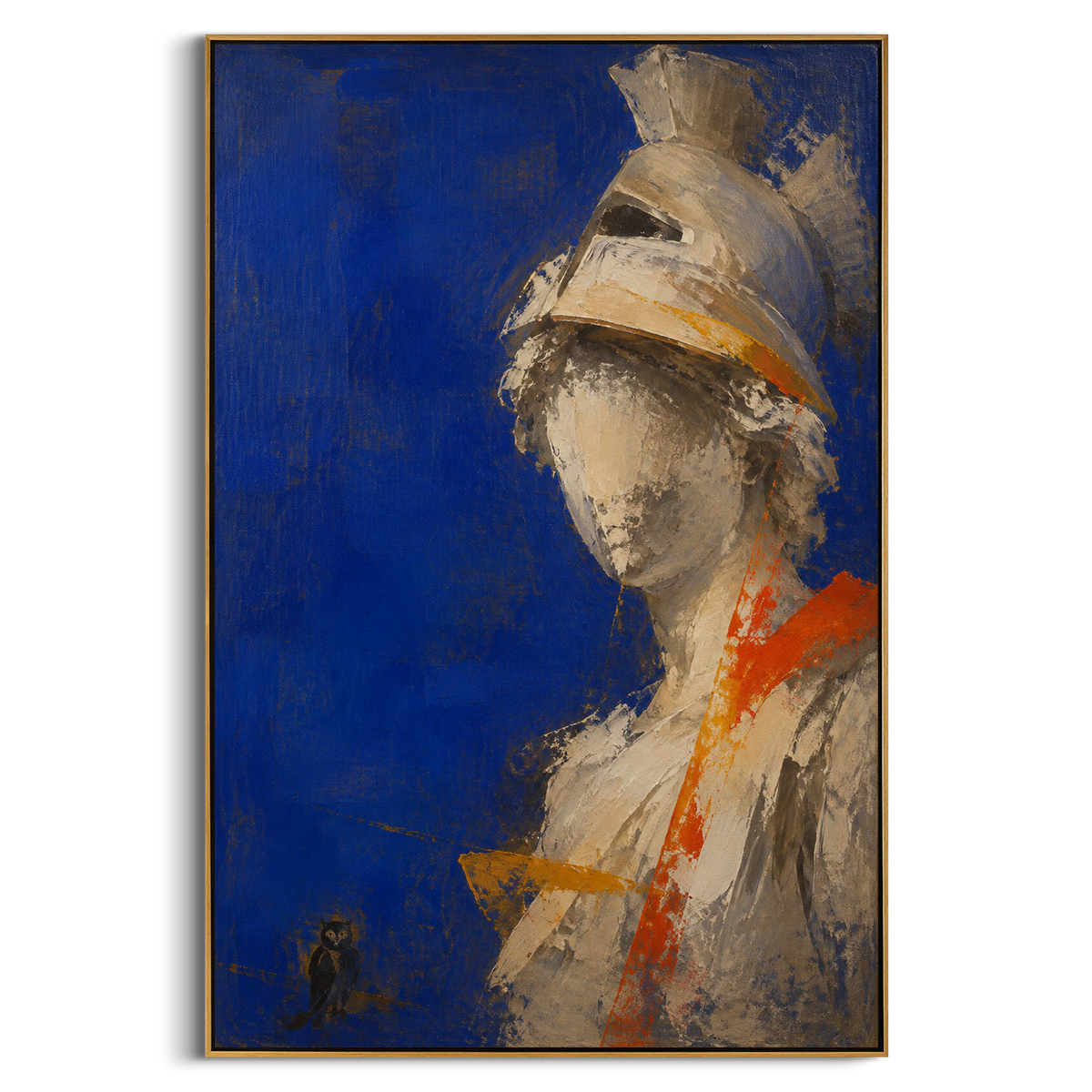 A helmeted figure turns from the blue field while a small owl keeps watch below. The image carries Athena's cool intelligence, half armor and half omen, guarding the path home.