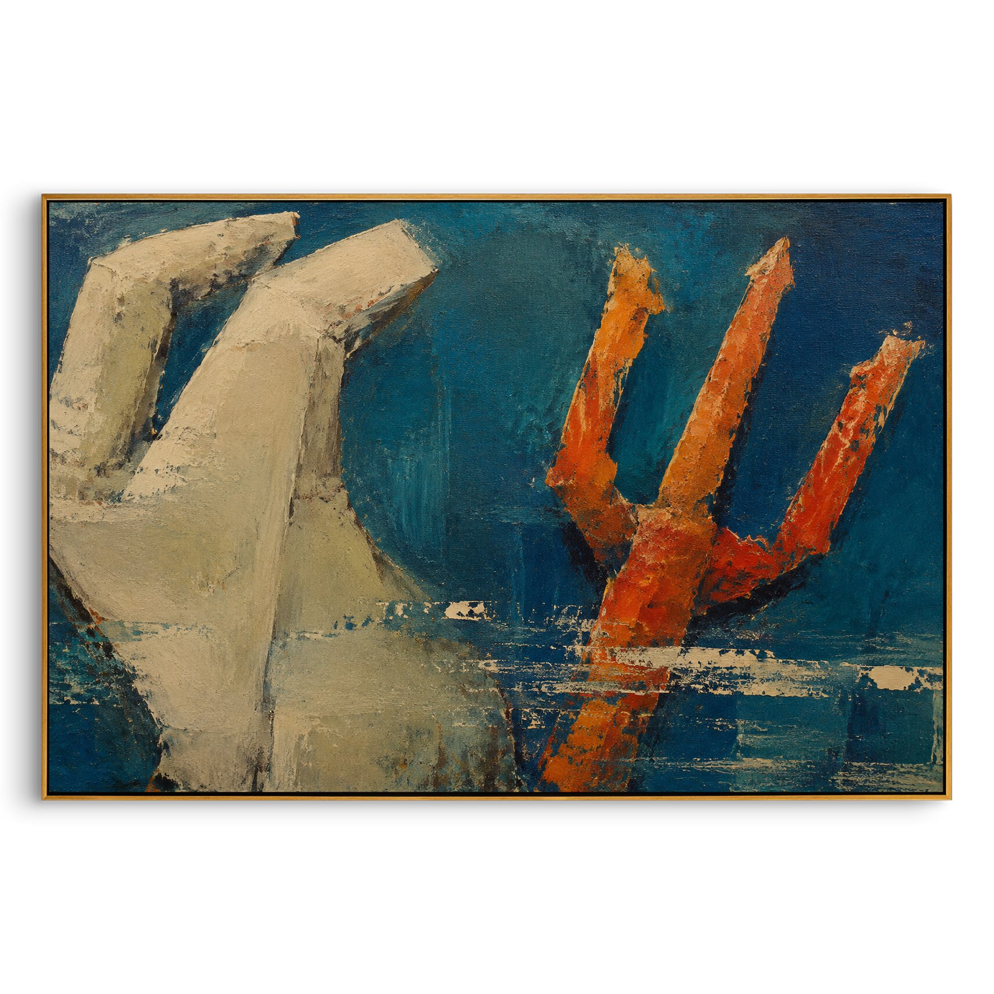 A pale ship holds its ground while a red trident rises from the water. The composition turns Poseidon's threat into a direct confrontation between voyage and divine force.