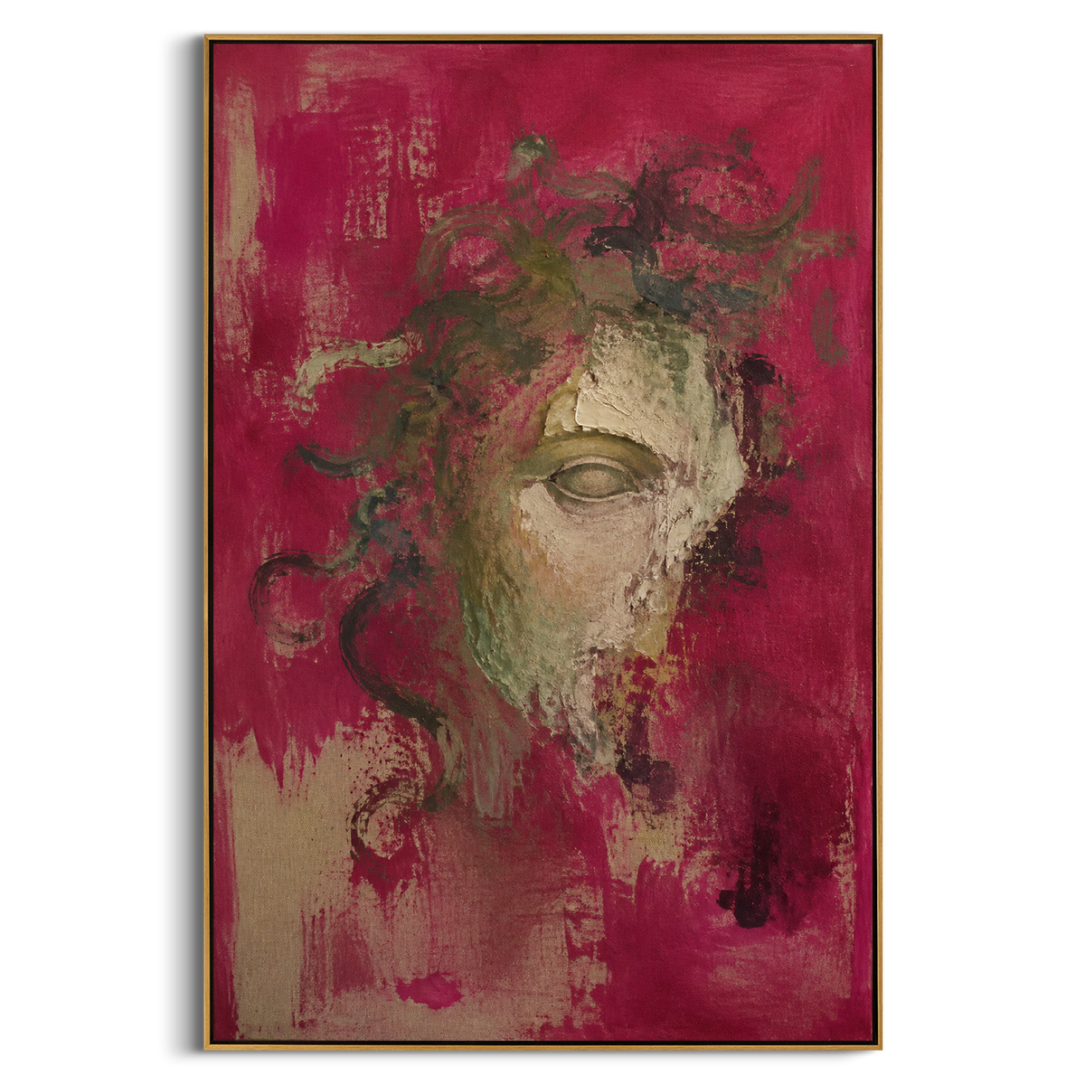 A broken mask emerges from rose color while green serpent lines drift around it. The image suggests Medusa after the myth has faded, still powerful in fragments and silence.