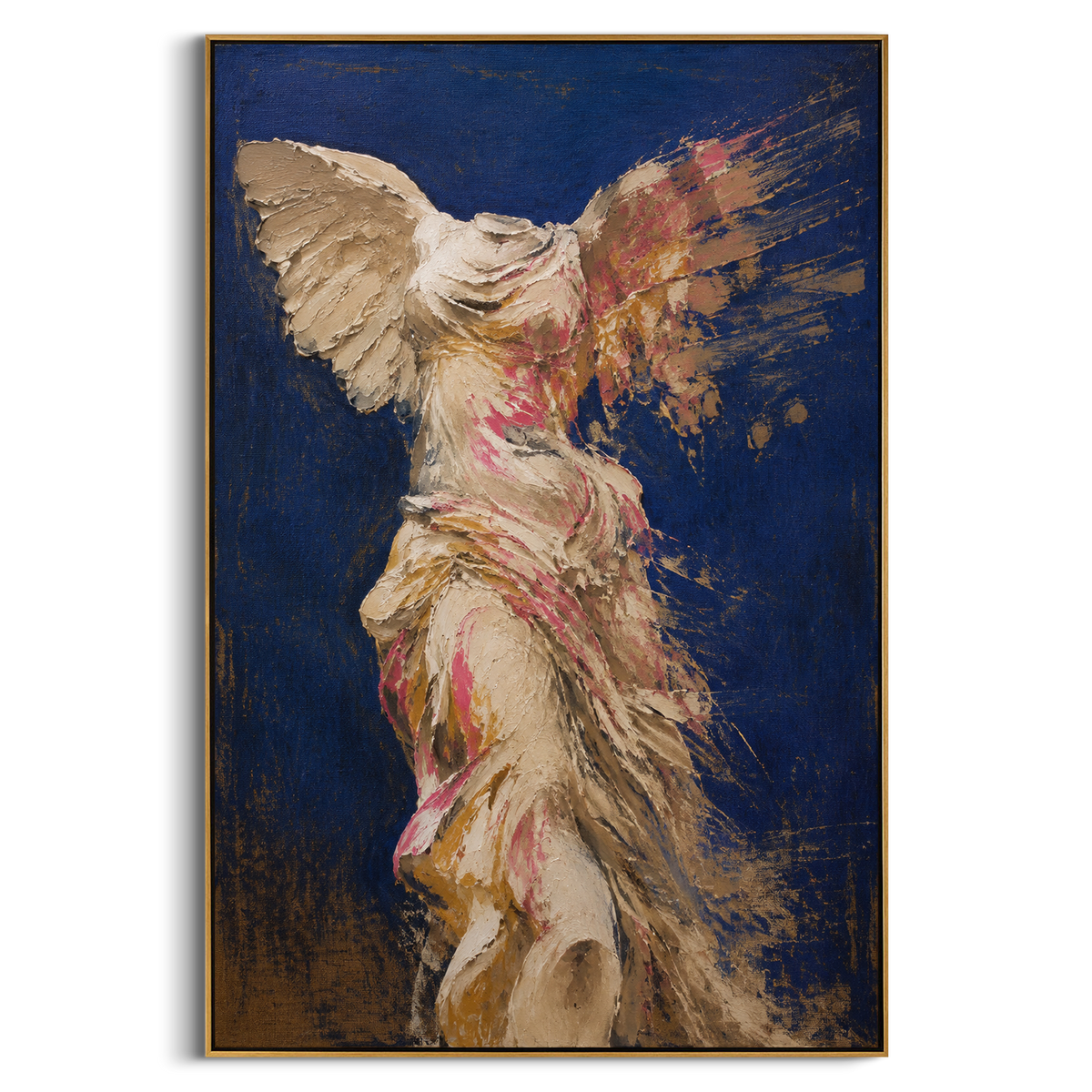 A winged figure rises from heavy paint as if victory has just stepped out of the storm. The blue ground makes the pale body feel both ancient and newly alive.