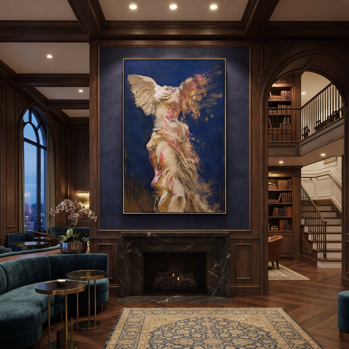 A winged figure rises from heavy paint as if victory has just stepped out of the storm. The blue ground makes the pale body feel both ancient and newly alive.