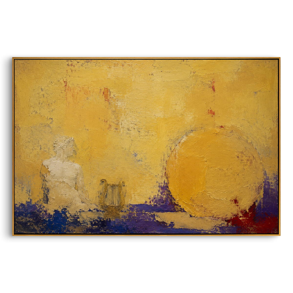 A pale figure waits beside a lyre while a great golden sun fills the wall. The painting turns Apollo's music into heat and stillness, a pause before the next sea road opens.