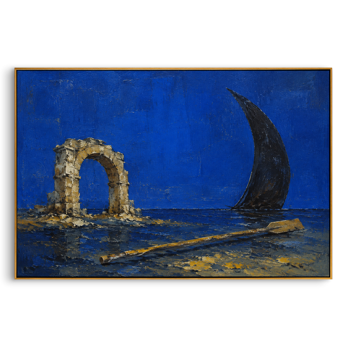 Sea fragments, a shell, and a pale sail rest like pieces washed ashore. The quiet turquoise field makes the Odyssey feel archaeological, as if the voyage has become evidence.