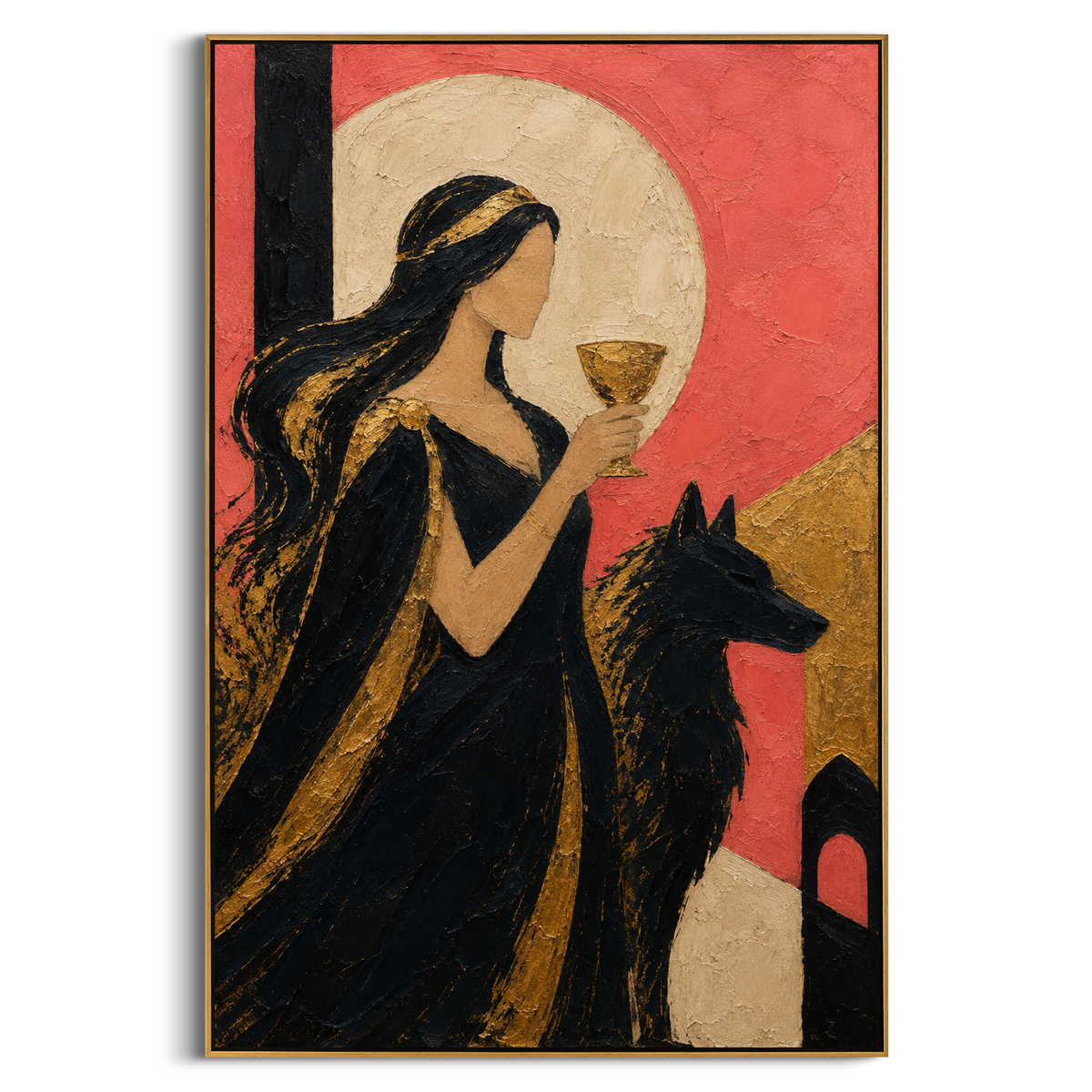 A woman raises a gold cup while a black hound stands beside her. The pink wall and pale moon make the scene feel like a private ritual at the edge of the underworld.