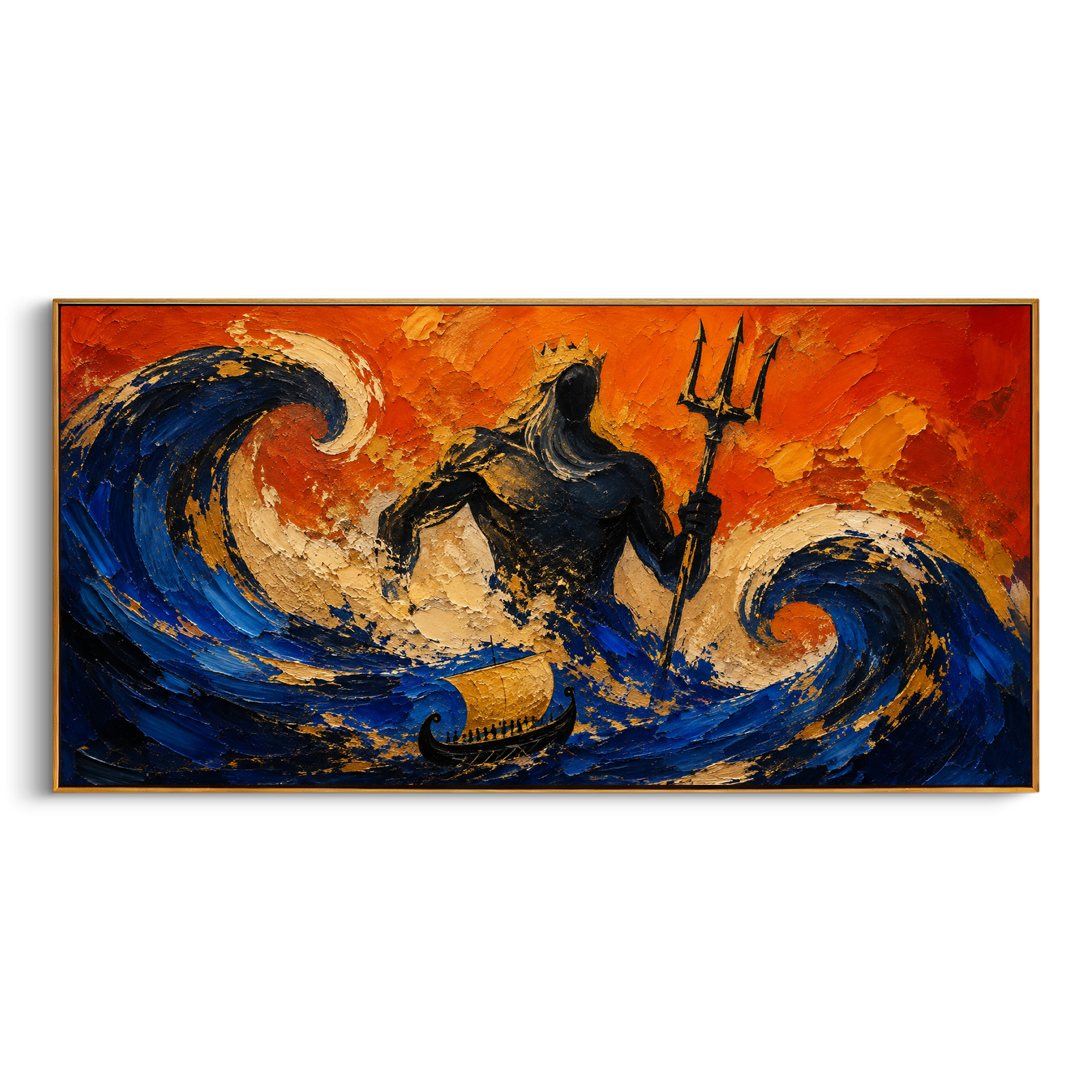 Poseidon rises inside a storm of blue waves while the ship below seems almost swallowed. The orange sky makes the sea feel angry, theatrical, and alive.