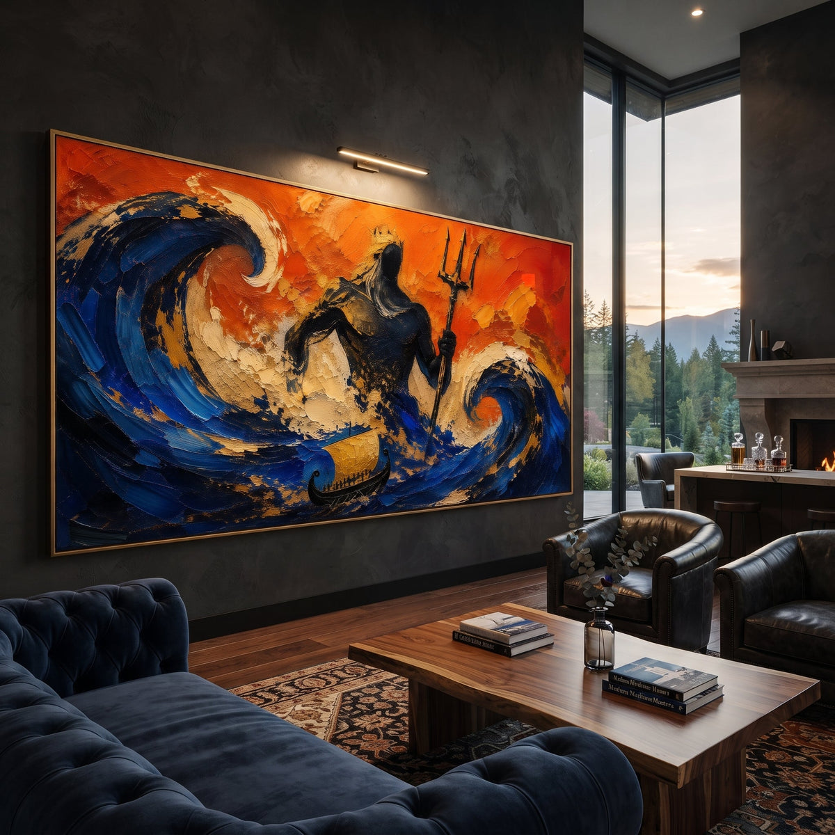 Poseidon rises inside a storm of blue waves while the ship below seems almost swallowed. The orange sky makes the sea feel angry, theatrical, and alive.