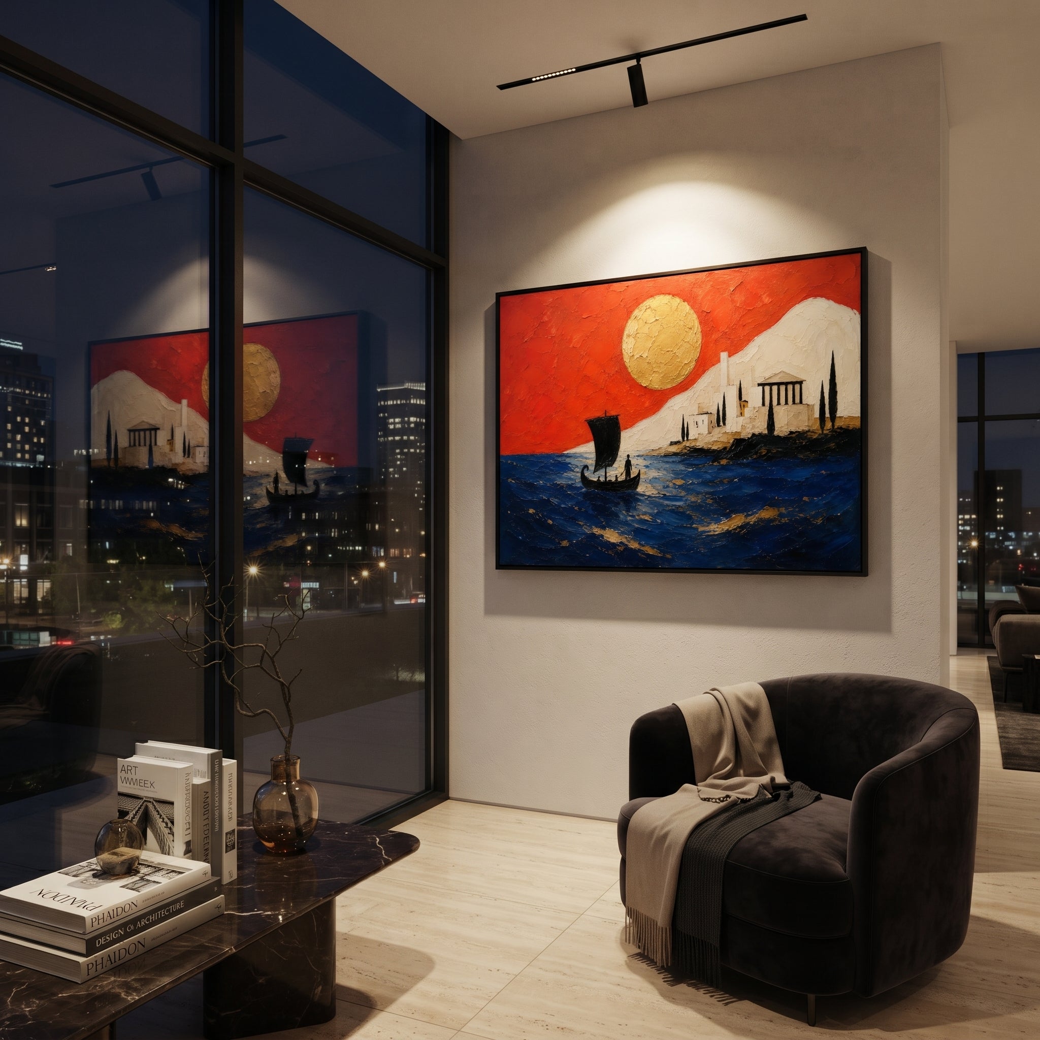 A black sail approaches a white island city under a red sky. The golden sun reads like a long-awaited sign, turning arrival into something both peaceful and fated.