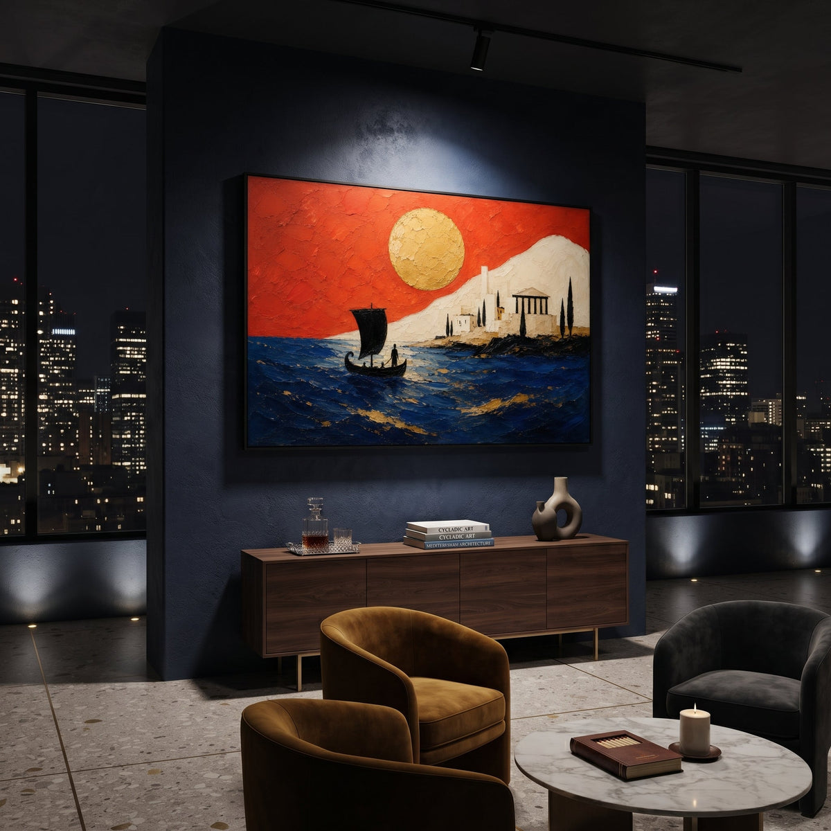 A black sail approaches a white island city under a red sky. The golden sun reads like a long-awaited sign, turning arrival into something both peaceful and fated.