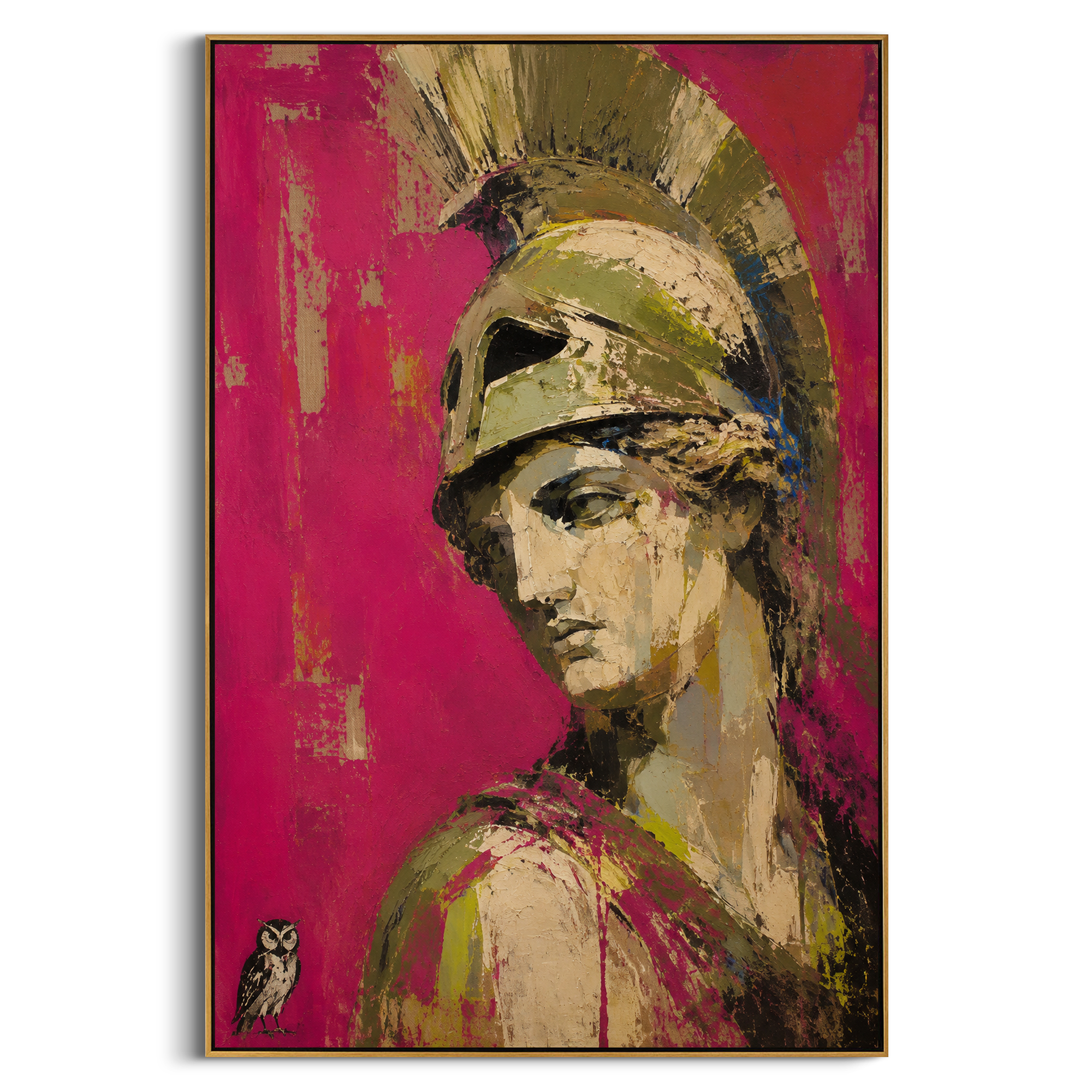 Athena turns from a bright rose field while the owl below holds the quiet intelligence of the scene. The portrait feels watchful, ceremonial, and unexpectedly intimate.