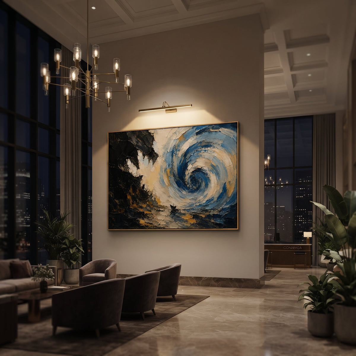 Three figures sweep around a gold sail as the sea lifts beneath them. Their motion feels like music made visible, pulling the ship toward desire and danger.
