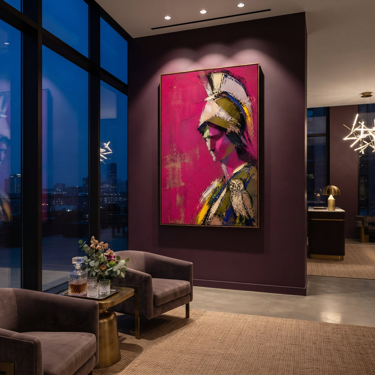 Athena appears in profile against a bright magenta field, the owl resting close like a seal of wisdom. The portrait feels sharp, private, and ceremonial.