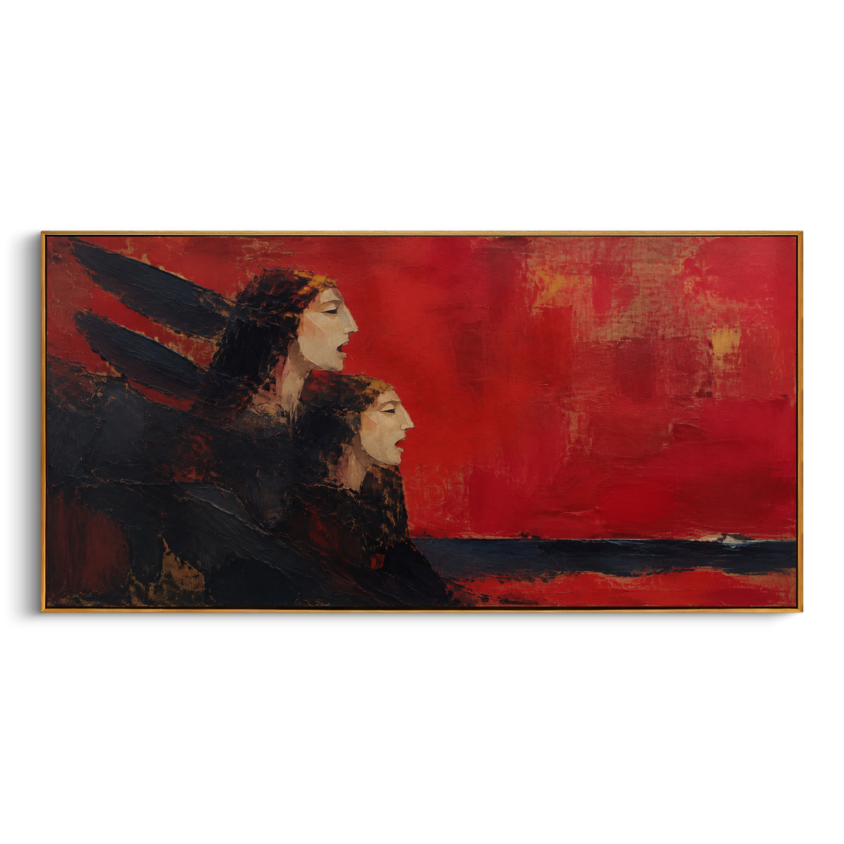 Two dark sirens call into a wide red sky while a small island waits far away. The image stretches temptation across distance, making the song feel almost unreachable.