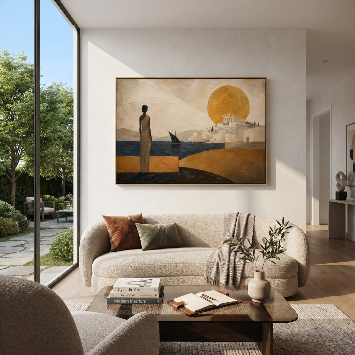 A woman stands on the shore watching a black sail before a white city and golden sun. The stillness makes the arrival feel awaited for years.