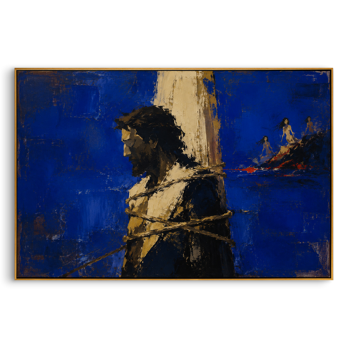 A bound mast divides the blue sea while red figures drift beyond it. The composition turns resistance into the main subject, the rope becoming the hero of the story.