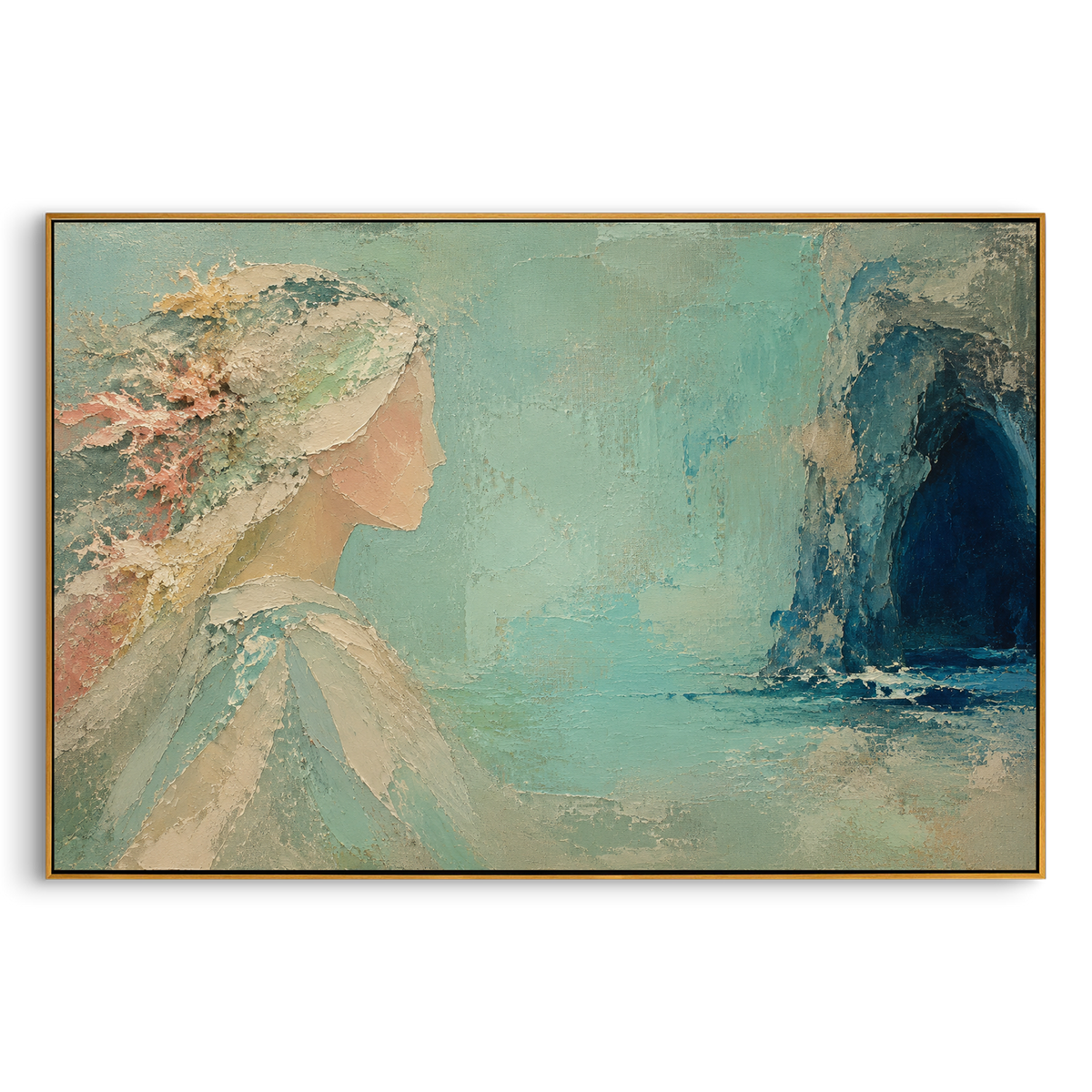 A pale profile turns toward a blue cave at the water's edge. The scene feels like an island farewell, where beauty remains after the traveler has already chosen the sea.