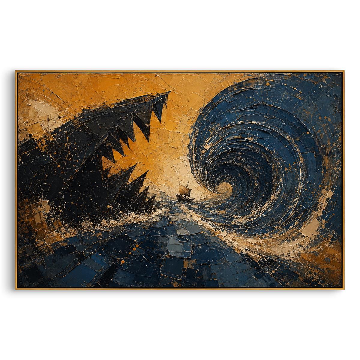The boat is reduced to a speck between teeth and whirlpool, as if the sea itself has chosen sides. Gold light across the violence gives the danger a mythic, unavoidable weight.