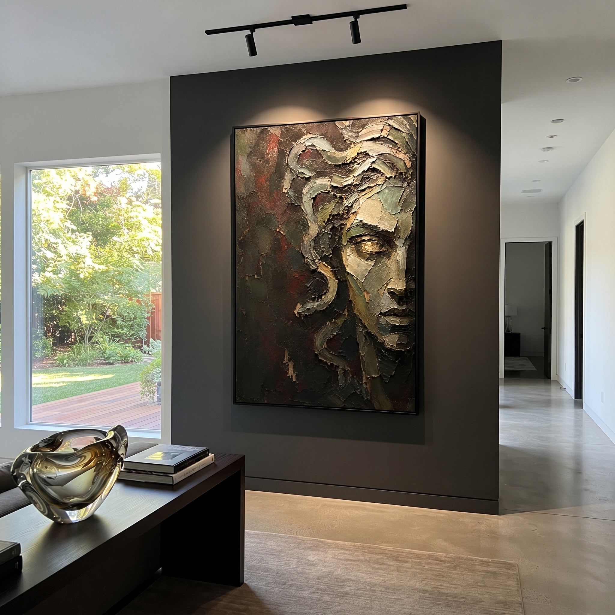 One golden eye breaks through the dark green stone face, watching from a place between ruin and warning. The fractured surface makes Medusa feel less like a figure than a memory that still has power.