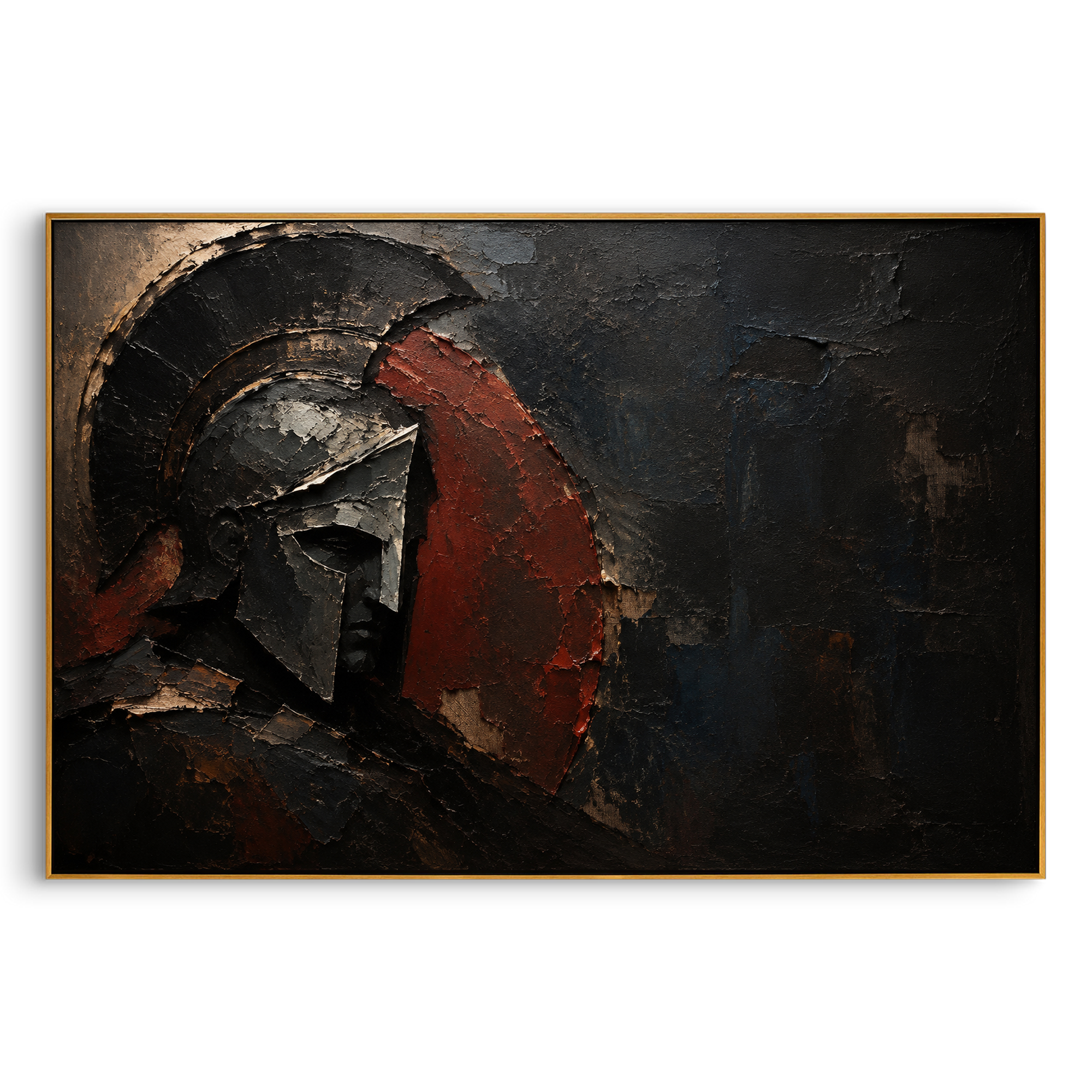The helmet turns away into darkness, its red crest catching the last heat of battle. Around it, the black wall feels like a hall of silence after the warriors have gone.