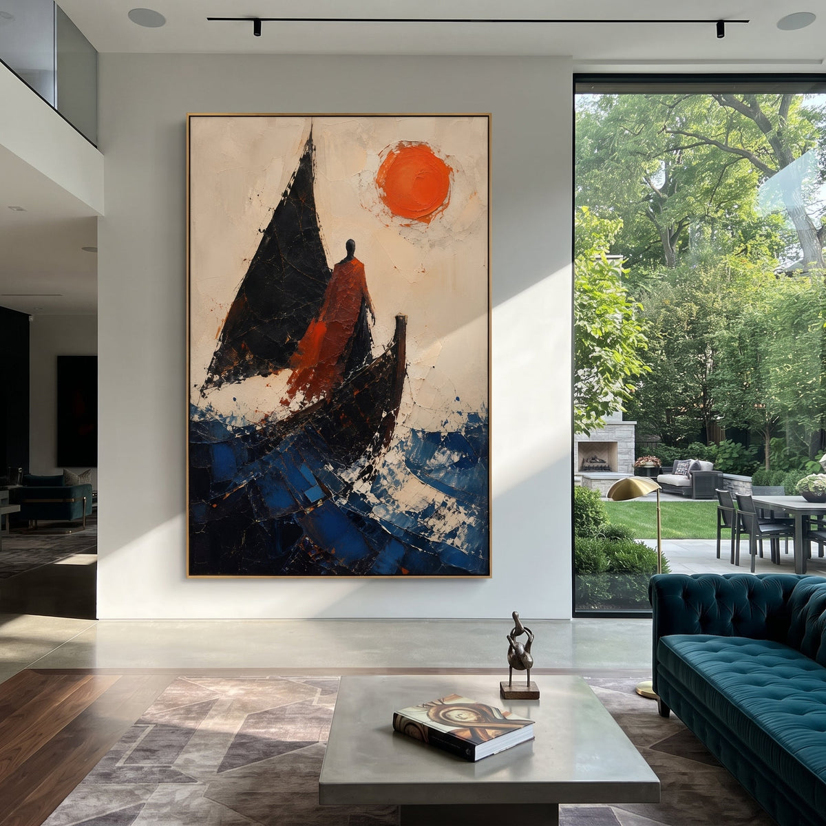 The red figure stands beside the black sail as if deciding whether the voyage is return or exile. The red sun fixes the moment in heat while the broken blue water keeps moving.